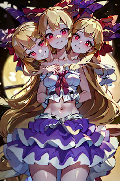 (masterpiece, best quality), best quality, (ultra-detailed), (3heads:1.5), 1girl, (suika ibuki:1.3), masterpiece, (best quality:1.5, highres, UHD), highres, absurdo, ultra detail, ultra quality, Ultra resolution, tattered pale pink top, crop top, ((stomach)), midriff, ((groin)), purple and pink skirt, normal ears, shackles, blonde hair, very long hair, wavy hair, sidelocks, red eyes, detailed eyes, parted lips, sweat, cute, toned belly, hand on own chest, eyelashes, (25 year old woman:1.3), (masterpiece:1.5), (best quality:1.5), (beautiful detailed), extremely detailed CG, extremely delicate and beautiful, depth of field, (finely detailed face), (perfect details:1.2), (mature female:1.3), wide pelvis, slender, large veiny breast, 16k resolution, very high quality, very high definition, extremely detailed, masterpiece, blonde hair, long hair, alluring presence, braid, short skirt, close up, big , young, two long straight oni horns on her head, decorated with ribbons, open belly, nsfw, midriff, (girl with three heads),
