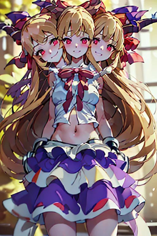 (masterpiece, best quality), best quality, (ultra-detailed), (3heads:1.5), 1girl, (suika ibuki:1.3), masterpiece, (best quality:1.5, highres, UHD), highres, absurdo, ultra detail, ultra quality, Ultra resolution, tattered pale pink top, crop top, ((stomach)), midriff, ((groin)), purple and pink skirt, normal ears, shackles, blonde hair, very long hair, wavy hair, sidelocks, red eyes, detailed eyes, parted lips, sweat, cute, toned belly, hand on own chest, eyelashes, (25 year old woman:1.3), (masterpiece:1.5), (best quality:1.5), (beautiful detailed), extremely detailed CG, extremely delicate and beautiful, depth of field, (finely detailed face), (perfect details:1.2), (mature female:1.3), wide pelvis, slender, large veiny breast, 16k resolution, very high quality, very high definition, extremely detailed, masterpiece, blonde hair, long hair, alluring presence, braid, short skirt, close up, big , young, two long straight oni horns on her head, decorated with ribbons, open belly, nsfw, midriff, (girl with three heads),
