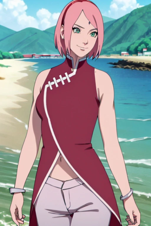 masterpiece, 1k, portrait, face shot, professional artwork, detailed beach background, intricate details, colorful, digital blending, (ultra detailed body, ultra detail hair, ultra detail face), trending on pixiv, kind smile, very hot color, best quality, anime style: 1.9, 1girl, hires, haruno sakura, (forehead mark, milf, red hairband, pale skin, short hair, ((red sleeveless dress), white pants), navel, groin, bracelet, pink hair, (ultra detailed green eyes), smile, beach, wind, floating hair, detailed arms, off-shoulders, slightly muscular arms, (dirty armpits), standing)