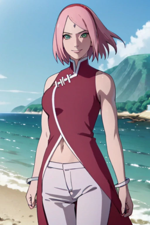 masterpiece, 1k, portrait, face shot, professional artwork, detailed beach background, intricate details, colorful, digital blending, (ultra detailed body, ultra detail hair, ultra detail face), trending on pixiv, kind smile, very hot color, best quality, anime style: 1.9, 1girl, hires, haruno sakura, (forehead mark, milf, red hairband, pale skin, short hair, ((red sleeveless dress), white pants), navel, groin, bracelet, pink hair, (ultra detailed green eyes), smile, beach, wind, floating hair, detailed arms, off-shoulders, slightly muscular arms, (dirty armpits), standing)
