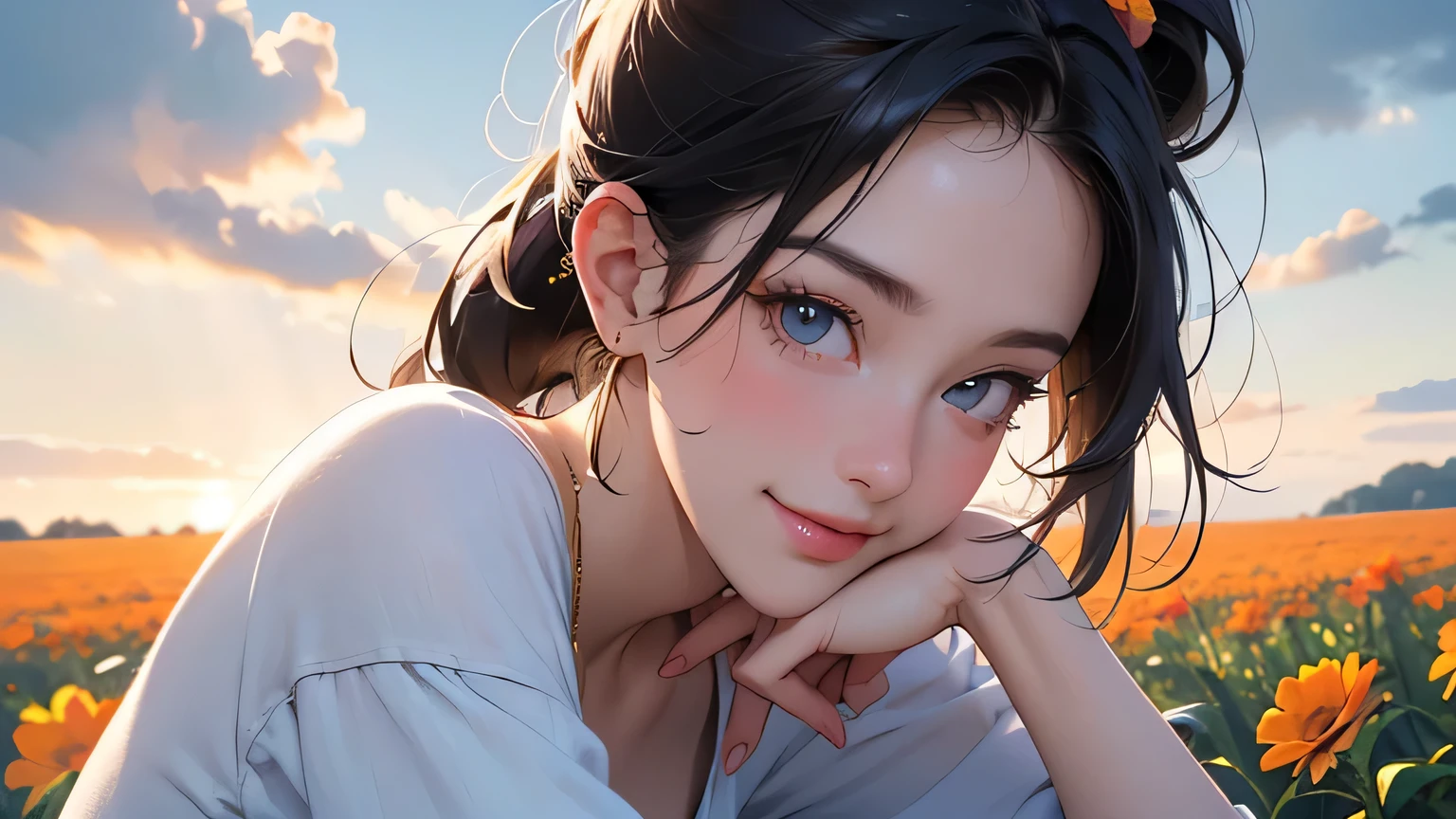 (8k, RAW photo, highest quality, masterpiece), high-resolution RAW color photo, upper body, big breasts, black hair, ponytail, white headphones, motionless, professional close-up, dynamic fist pump (realistic, photorealism: 1.37), ( Best Quality), (Best Shadows), (Best Illustrations), Clavicle ((Large)), ((Erotic, Sexy, Ultra HD, High Quality CG Integrated 8K Wallpapers, Physically Based Rendering, Movie Lighting), Best Image quality, amazing details, super high resolution, (realism: 1.4), best illustrations, (maximum resolution: 1.2), (ultra high resolution: 1.2), cinema light, 8K resolution, beautiful eyes and skin, detailed faces, Perfect Style, Cute Face, Accurate, Anatomically Correct, Highly Detailed Face and Skin Texture, ((Best Quality, 8K, Masterpiece: 1.3)), Sharpness: 1.2, Perfect Body Beauty: 1.4 , big breasts, slim abs: 1.2, blush, clouds in the sky smiling at the viewer, chest, flushed cheeks, flowing hair. She must be wearing a crop top and shorts. It's an attractive anime style. As for the image quality, (best quality, 4K, 8K, high resolution, masterpiece: 1.2Nal photo, smile, smile like the sun, countryside with white headphones, field, meadow, crop) field s, different types of flowers and plants, ((farmer)), masterpiece, top quality, sharp focus, intricate details, perfection, golden ratio composition, 8K resolution, high resolution, beautiful, beautiful sky, vibrant pastels Color, bright color, beautiful orange flower next to the face,