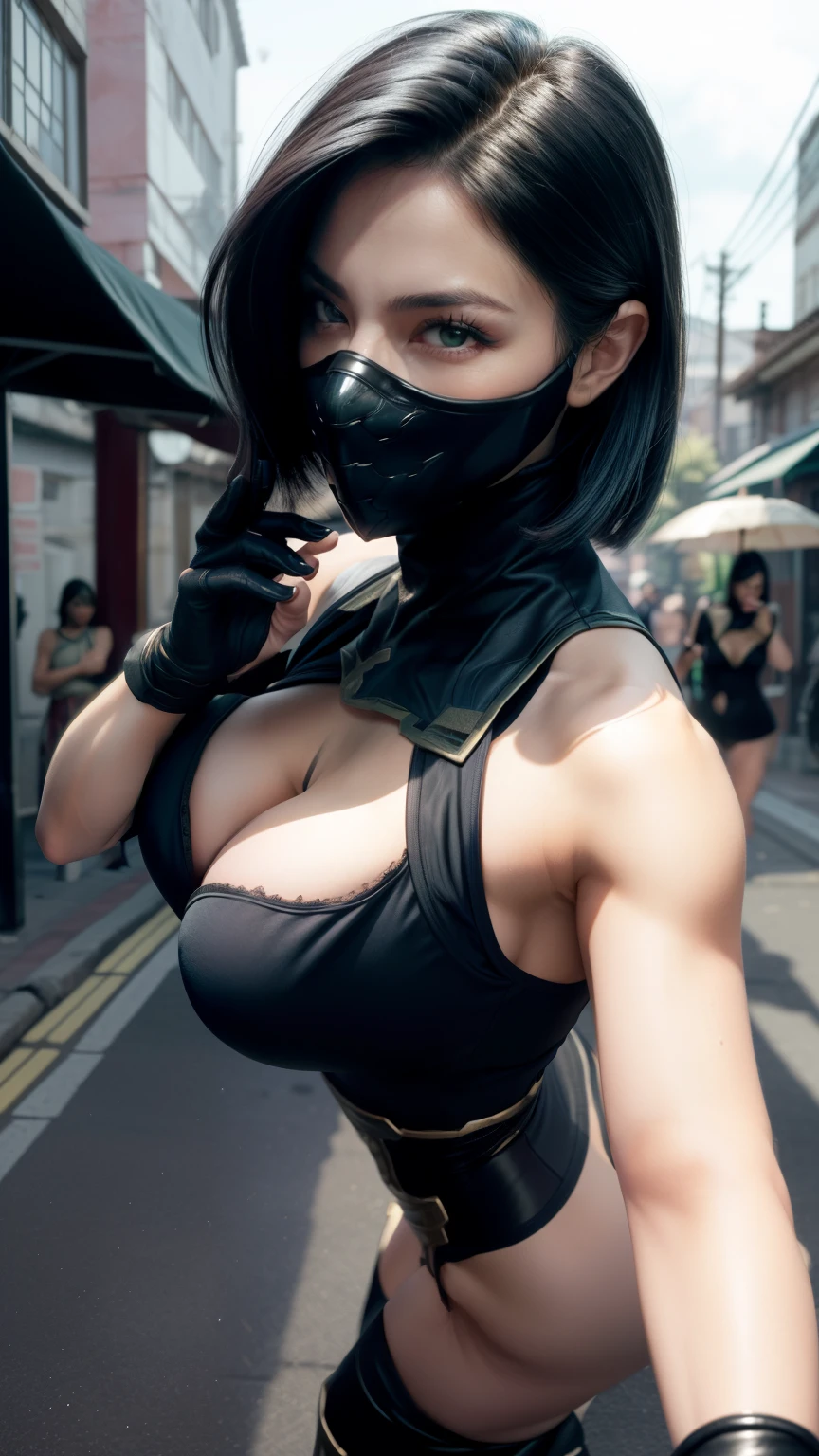 (High quality photo, ultra realistic, 8k, character from MORTAL KOMBAT game), super beautiful Mileena in her sexy purple outfit, photo taken close up, close-up of beautiful face, normal hands, detailed fingers, masterpiece, ( realistic 8k, photo-realistic:1.37), realistic detailed, 1girl, sexy beautiful hair:1.5, short black hair:1.2, green eyes:1.5, erotic, half naked, glowing eyes, ((mortal kombat mileena)), ninja, weapons, kimono, sexy warrior dress, ((mortal kombat)), long breasts, large breasts, (gigantic breasts), fighting pose, serene look, temple, meditation, Ninja Mask, I covered her mouth, eyes to the sky, (sexy micro panties, street vendor foot, micro panties tucked into private parts, sexy costume), mask with fang, reflection, the background shows moonlight, moon, cherry blossom, swords, erotic hot body, skintight clothing ,