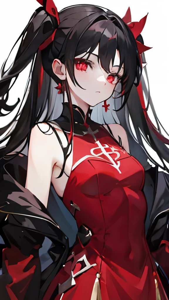 Demon girl with red skin, black horns, completely black eyes, straight black hair, muscular, purple eyes, demon tail, Red skin , black eyes, purple eyes, hero costume 