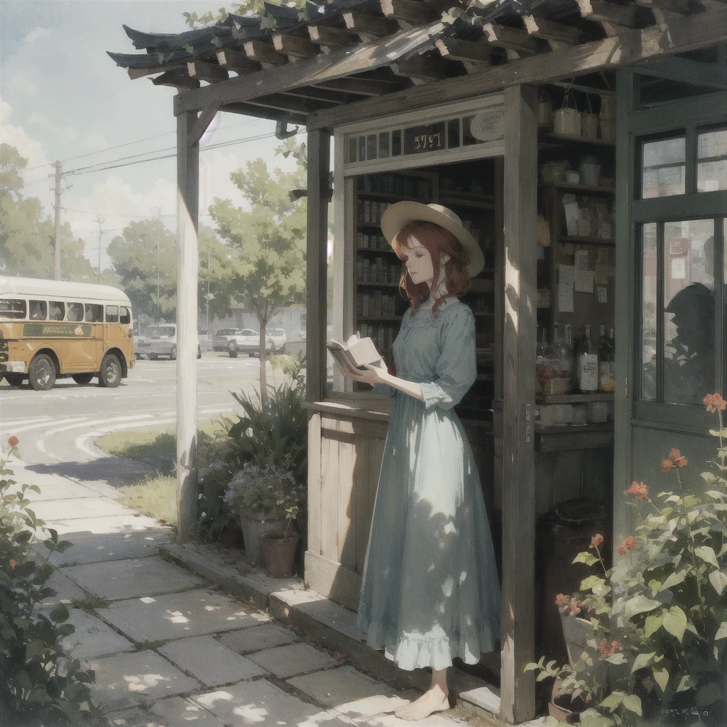 a beautiful slender thin girl with a perfect face of the southern type with red hair in a 19th century dress in a hat with a book and an apple stands barefoot (near the big old one ((the bus))) (at the bus station), summer, A warm sunny day, in a gentle watercolor style, Discreet shades, sfumato, haze, diffused dim light, delicate mint shades, imitation of film photography, olive and grape shades, Brick Road, Brick house, coffee, High image quality, Maximum detail, big space eyes, big old bus nearby