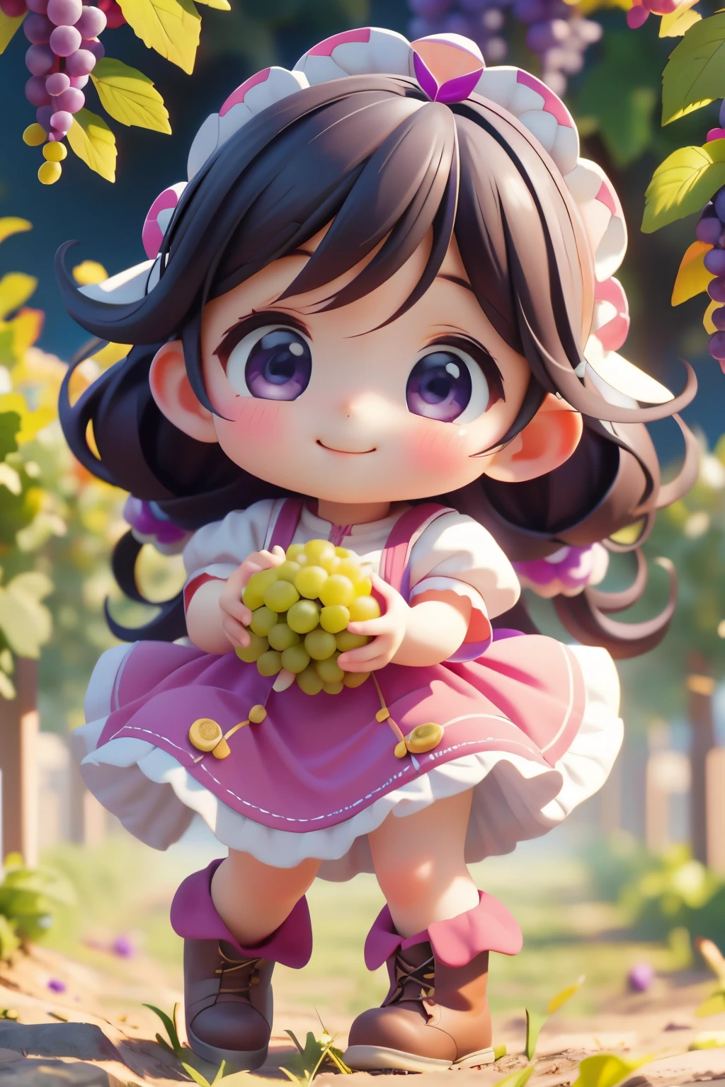 Octane Render、(Hyper-detailing: 1.15)、(Soft light、sharp: 1.2)、Baby Face、morning、Harvesting grapes, Enjoy grape picking、full body Esbian、Distinctive ethnic hair ornaments、Farm Boots、 Fuji Film, F/4.0, masutepiece, Anatomically correct、A smile, radiant light