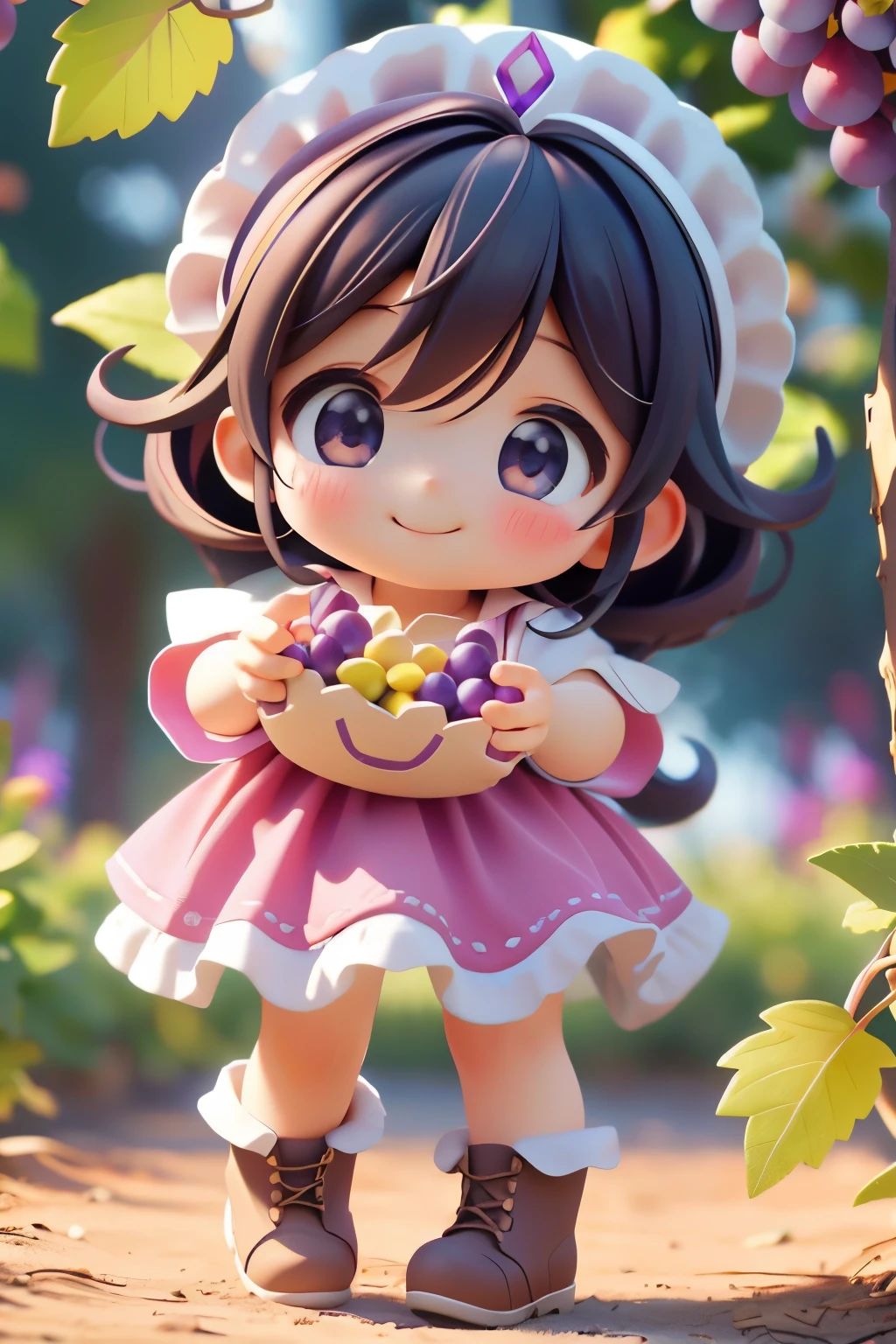 Octane Render、(Hyper-detailing: 1.15)、(Soft light、sharp: 1.2)、Baby Face、morning、Harvesting grapes, Enjoy grape picking、full body Esbian、Distinctive ethnic hair ornaments、Farm Boots、 Fuji Film, F/4.0, masutepiece, Anatomically correct、A smile, radiant light