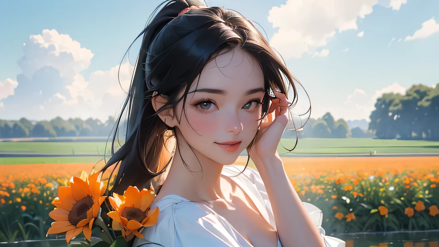 (8k, RAW photo, highest quality, masterpiece), high-resolution RAW color photo, upper body, big breasts, black hair, ponytail, face surrounded by flowers, white headphones, motionless, professional close-up, dynamic fist pose (Realistic, Photorealism: 1.37), (Best Quality), (Best Shadow), (Best Illustration), Clavicle ((Large)), ((Erotic, Sexy, Ultra HD, High Quality CG Integrated 8K Wallpaper, (Physically Based Rendering, Movie Lighting), Best Image Quality, Amazing Details, Ultra High Resolution, (Realism: 1.4), Best Illustrations, (Maximum Resolution: 1.2), (Ultra High Resolution: 1.2), Cinema Light, 8K Resolution , Beautiful eyes and skin, Detailed face, Perfect style, Cute face, Accurate, Anatomically correct , Highly detailed face and skin texture, ((Best quality, 8K, Masterpiece: 1.3)), Sharpness: 1.2, perfect body beauty: 1.4, big breasts, slim abs: 1.2, blush, clouds in the sky smiling at the viewer , chest, flushed cheeks, flowing hair. She is wearing a crop top and shorts. Must be similar to the charming anime style. For picture quality (best quality, 4K, 8K, high resolution, masterpiece: 1.2Nal photo, smile like the sun, white headphones. planted countryside, fields, meadows, crop fields, different types of flowers and plants, ((farmer)), masterpiece, top quality, sharp focus, intricate details, perfection, golden ratio composition, 8K resolution, high resolution, beautiful, beautiful sky, vivid pastel colors, bright colors, beautiful orange flowers next to the face, reflection of the pull