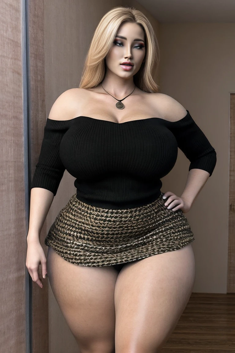 Solo, 1girl, 19, Solo, Long hair, Colossal, Facing at Viewer, blonde hair, Bare shoulders, Brown eyes, jewelry, Full body, micro skirt, black pantyhose, necklace, off the shoulders sweater, Realistic, extra curvy, sexy, absurdly wide birthing hips, thick plump thighs, huge round ass, enormous huge natural breasts, cleavage, mature mom, detailed fingers, accurate fingers