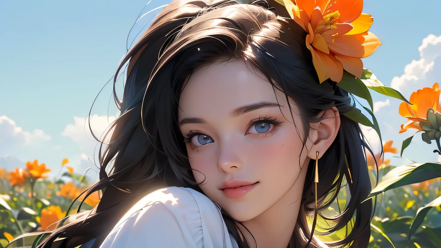 (8k, RAW photo, highest quality, masterpiece), high-resolution RAW color photo, upper body, big breasts, black hair, ponytail, face surrounded by flowers, white headphones, motionless, professional close-up, dynamic fist pose (Realistic, Photorealism: 1.37), (Best Quality), (Best Shadow), (Best Illustration), Clavicle ((Large)), ((Erotic, Sexy, Ultra HD, High Quality CG Integrated 8K Wallpaper, (Physically Based Rendering, Movie Lighting), Best Image Quality, Amazing Details, Ultra High Resolution, (Realism: 1.4), Best Illustrations, (Maximum Resolution: 1.2), (Ultra High Resolution: 1.2), Cinema Light, 8K Resolution , Beautiful eyes and skin, Detailed face, Perfect style, Cute face, Accurate, Anatomically correct , Highly detailed face and skin texture, ((Best quality, 8K, Masterpiece: 1.3)), Sharpness: 1.2, perfect body beauty: 1.4, big breasts, slim abs: 1.2, blush, clouds in the sky smiling at the viewer , chest, flushed cheeks, flowing hair. She is wearing a crop top and shorts. Must be similar to the charming anime style. For picture quality (best quality, 4K, 8K, high resolution, masterpiece: 1.2Nal photo, smile like the sun, white headphones. planted countryside, fields, meadows, crop fields, different types of flowers and plants, ((farmer)), masterpiece, top quality, sharp focus, intricate details, perfection, golden ratio composition, 8K resolution, high resolution, beautiful, beautiful sky, vivid pastel colors, bright colors, beautiful orange flowers next to the face, reflection of the pull