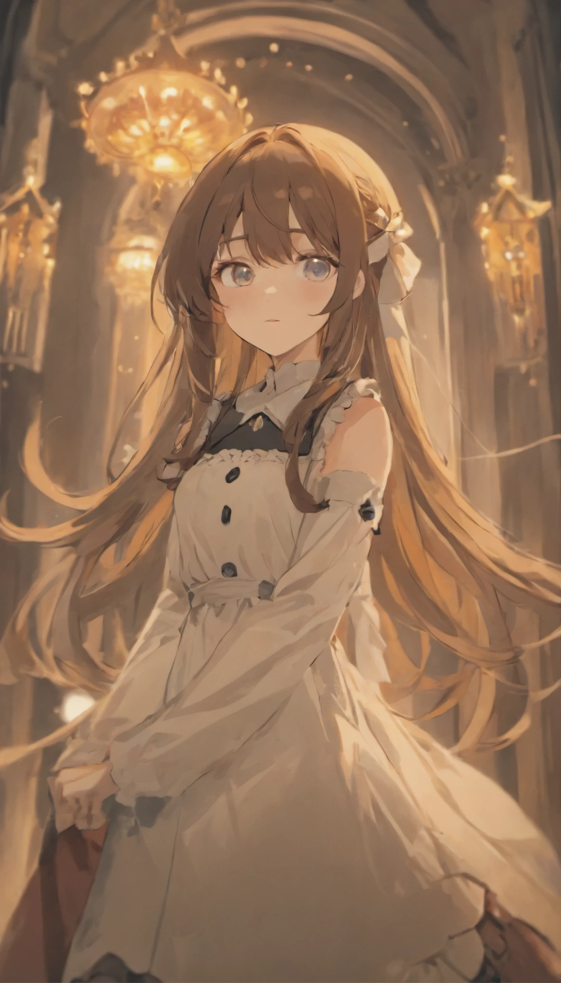(masterpiece, best quality),1. Girl with long brown hair, Wearing a maid outfit, her hand under her chin, Warm lighting, pure white background