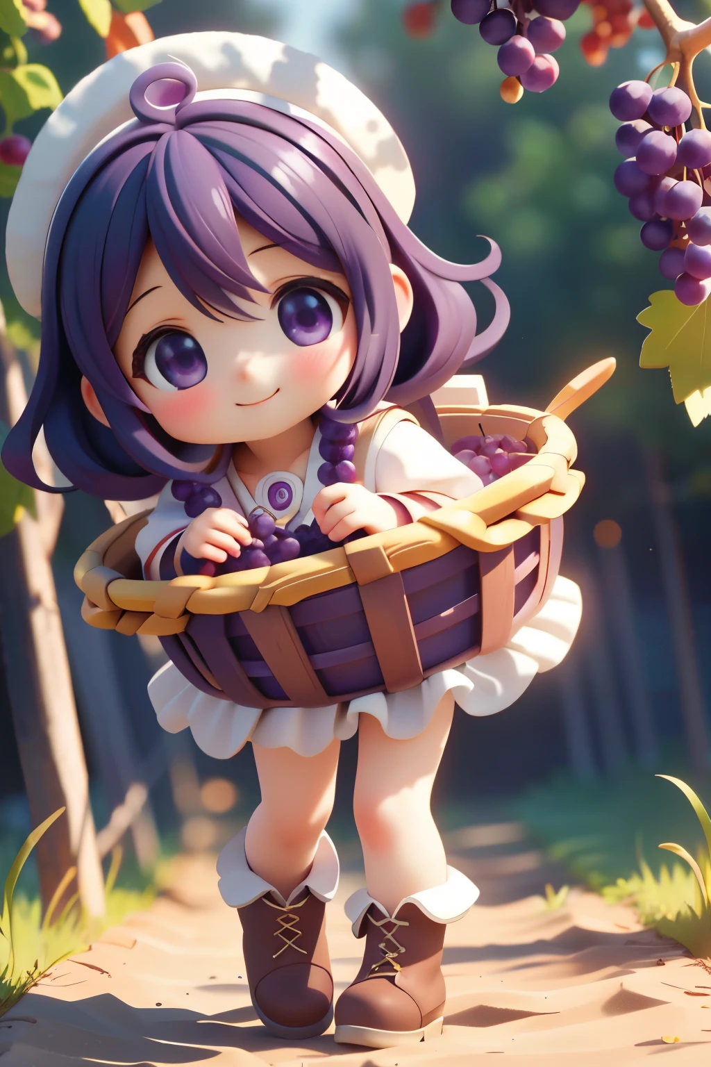 Octane Render、(Hyper-detailing: 1.15)、(Soft light、sharp: 1.2)、Baby Face、morning、Harvesting grapes, Enjoy grape picking、full body Esbian、Distinctive ethnic hair ornaments、Farm Boots、 Fuji Film, F/4.0, masutepiece, Anatomically correct、A smile, radiant light