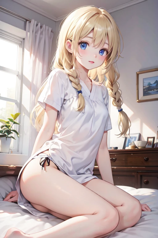 masterpiece, highest quality, High resolution, -yeld giblue eyes、
blonde,  Braiding, White shirt, White panties、room、bed、Lie down