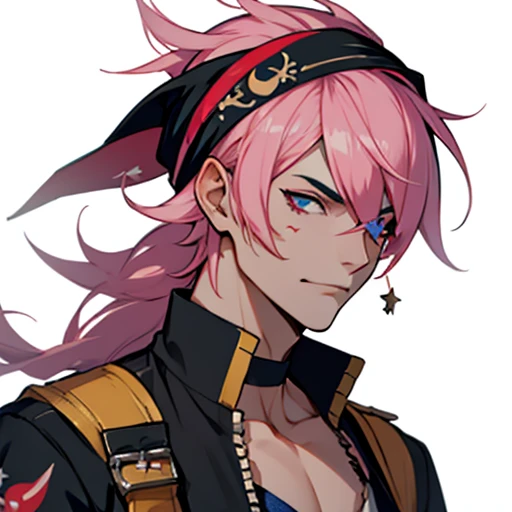 ((honkai star rail )) ,Space Pirate human Male ,Pirate outfit ,crazy pink haircut, pointer Teeths , head bandana ,arma Bandage