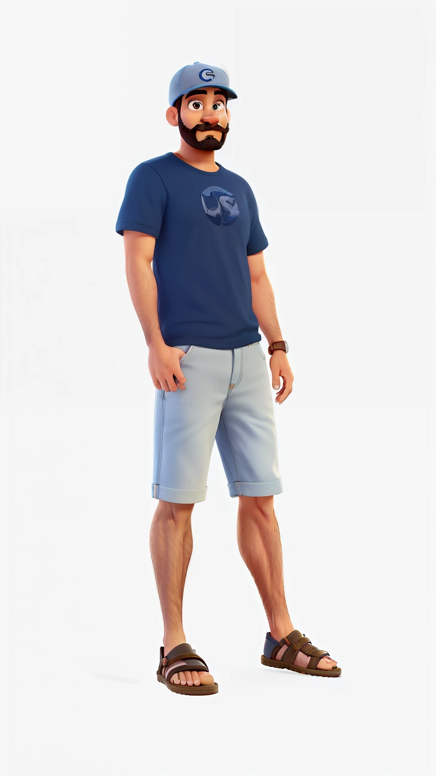 Estilo disney pixar, Um homem de barba e bigode, wearing a cap, usando uma camiseta na cor preta sem estampa, camiseta lisa, usando bermuda jeans, wearing sandals, pele lisa.
