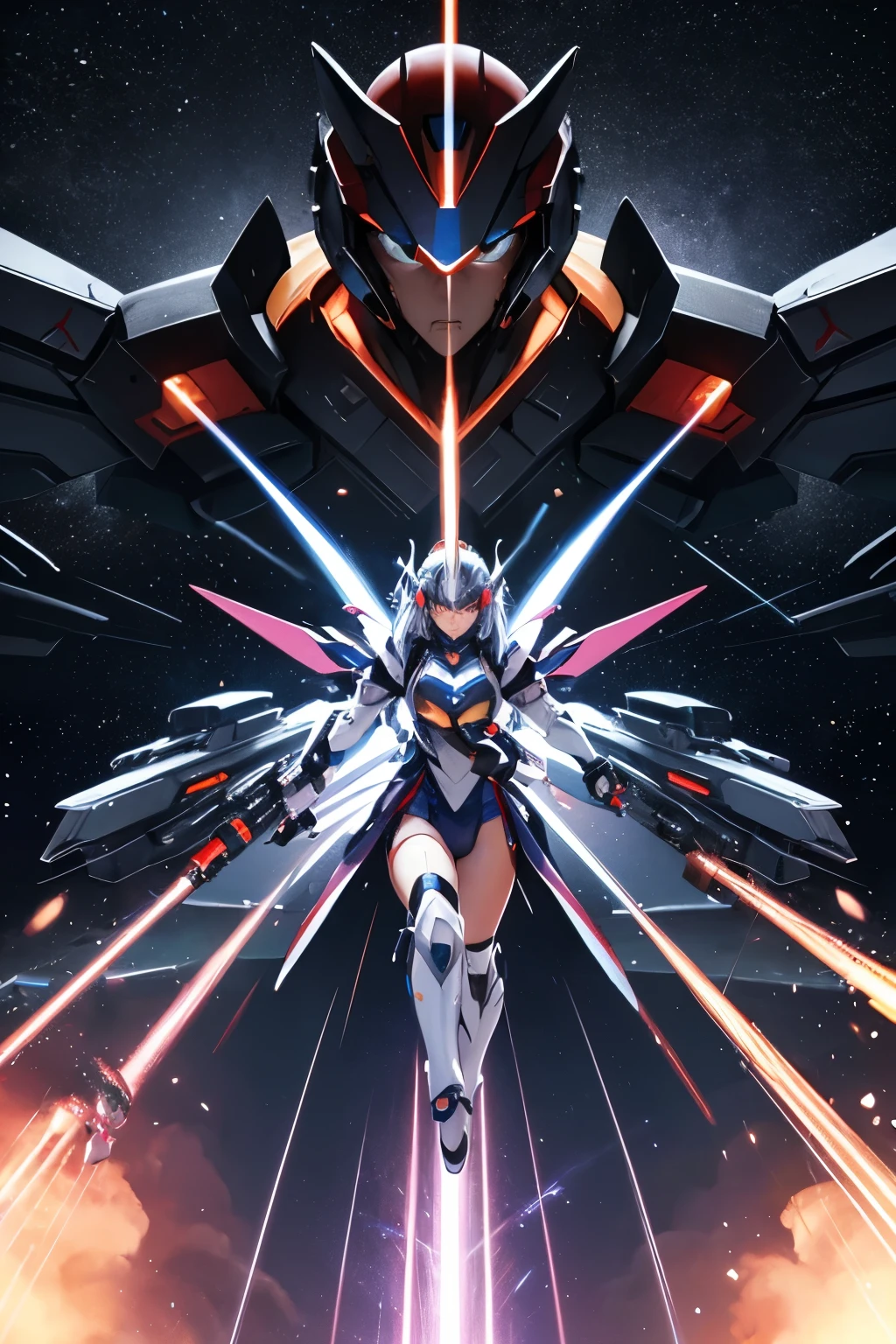 （（（highest quality、first-clasasterpiece、Normal body、8k、Detailed face、Ultra-precision、Normal hand、Normal finger、５Finger、）））Silver Hair、Machine Angel、Large mechanical wings、Large booster、Large thruster、Visor Helmet、Thought-guided remote-controlled weapon、Funnel、Bit Weapon、Full Armor、Beam rifle、Beam Shooting、Running through space、Full boost、Beam Sword、Fighting space monsters、Variable Beam Launcher、multi missile、Mega Beam Cannon、In combat、Dogfight、High Maneuver、Space War、fleet battle、Destroy enemy ships、High mega particle cannon firing、ultimate weapon、Multi-warhead missiles、Full burst、All-at-once sweep、Breaking the Limits、critical point breakthrough、Charged particle cannon、Meteors、Strike Freedom