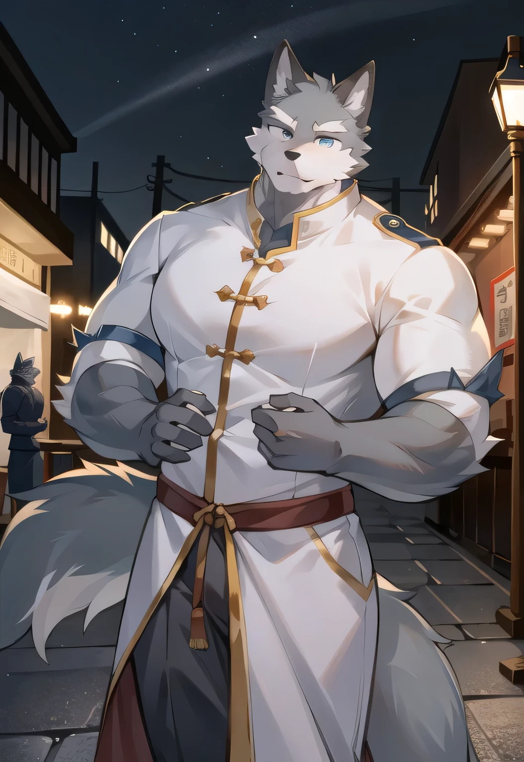 Furry shota, Young, wolf, black hair, long spiky ponytail, blue eyes, detailed body fur, blue kimono whit snow pattern, open clothes, red fundoshi, goggles, masterpiece, looking at you, fangs, clear grey body fur, detailed face, big eyebrows, detailed eyes, detailed body, no muscle, detailed hands, flat body, glistering body, skinny, japanese castle, clear sky, sly smile, :3, paws whit three toes, full body,