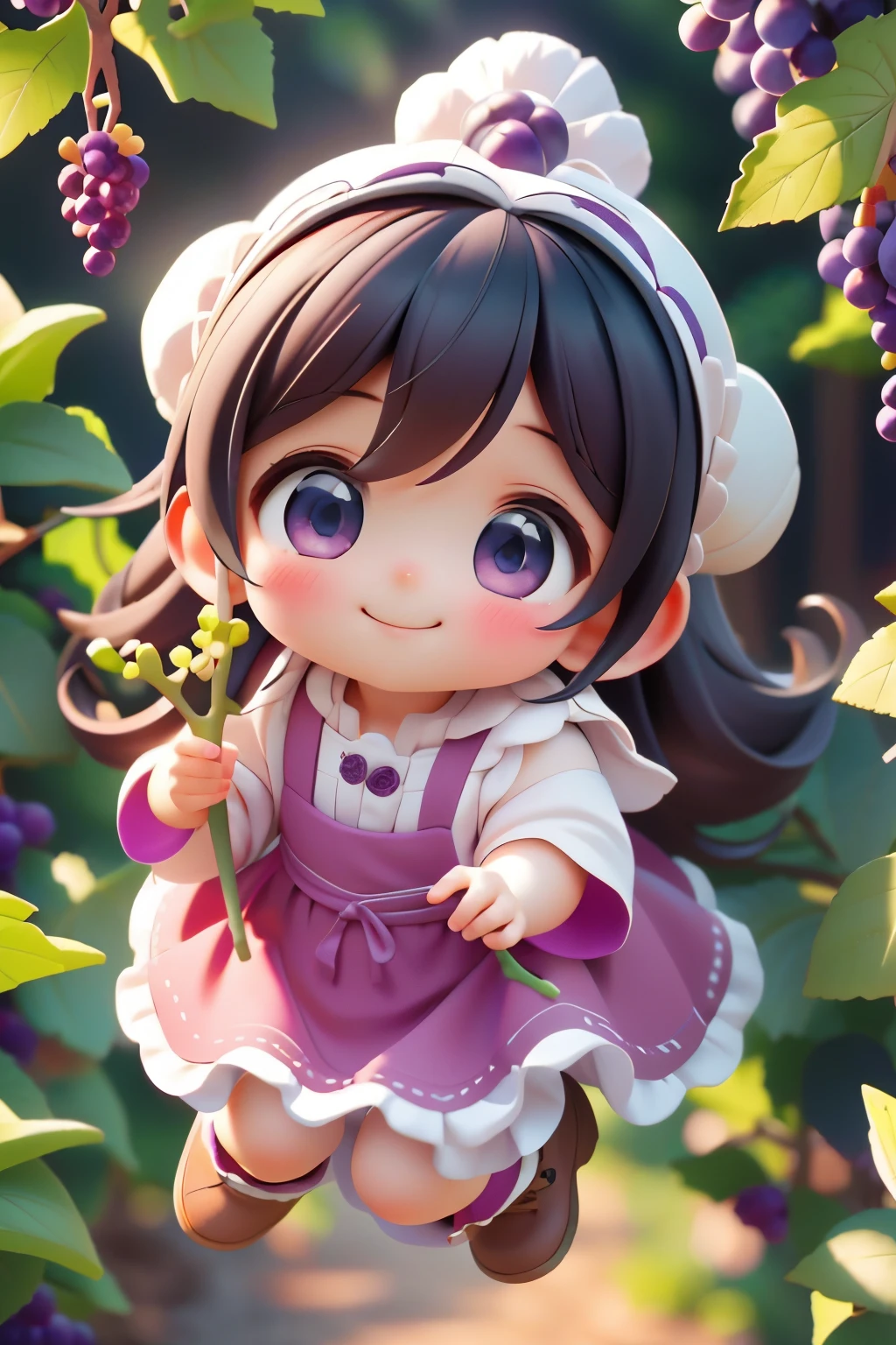 Octane Render、(Hyper-detailing: 1.15)、(Soft light、sharp: 1.2)、Baby Face、morning、Harvesting grapes, Enjoy grape picking、full body Esbian、Distinctive ethnic hair ornaments、Farm Boots、 Fuji Film, F/4.0, masutepiece, Anatomically correct、A smile, radiant light