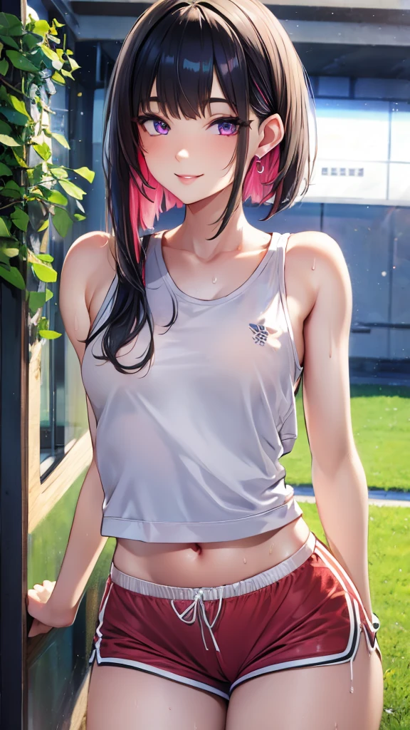 walk in the park, masterpiece, highest quality, (maximum resolution: 1.2), (Ultra HDTV: 1.2), cinematic light, Ultra HDTV, (detailed eyes and skin), (detailed facial features), 8K resolution, sharp focus: 1.2, perfect body, Anatomically correct, beautiful face, double eyelids, thin eyebrows, natural lip color, 25 years old lady, cheeks are red, slender body, small breasts, smile, pretty earrings, tanktop, sports short pants, sweaty, camel's toe,