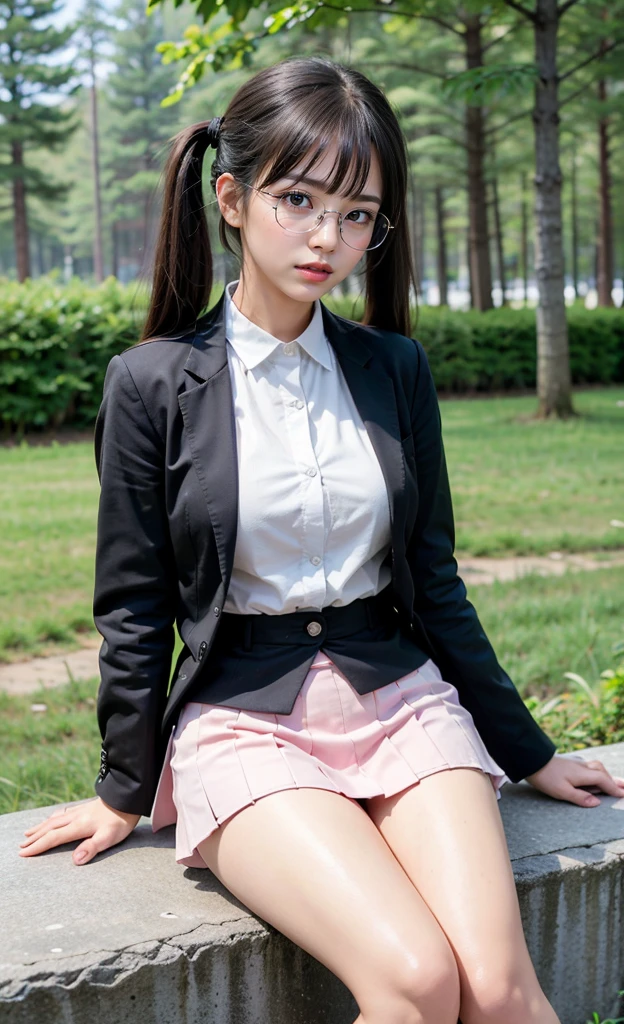 1girl, 18 years old busty woman, view from below, eye glasses, black twintail hair, bangs, light pink blush, sitting on a big rock, dark forest, white short sleeve blazer, white collar, big , small waist, denim mini skirt, thicc_thighs
thighs, legs, perfect fingers,