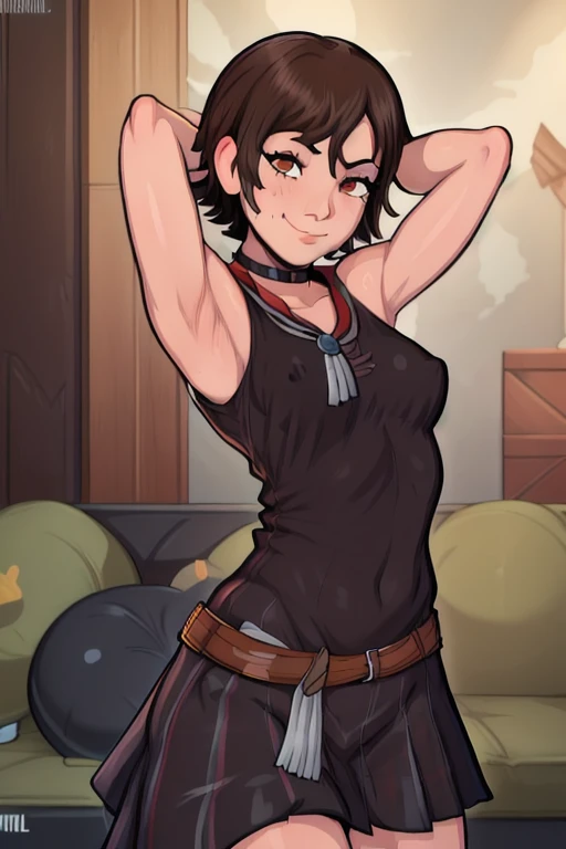 masterpiece, best quality, looking at viewer, upper body, portrait, looking at viewer, seductive smile, put your hands behind your head, armpits, armpits visible, sweaty armpits, Iris Amicitia, very small breasts, short brown hair,