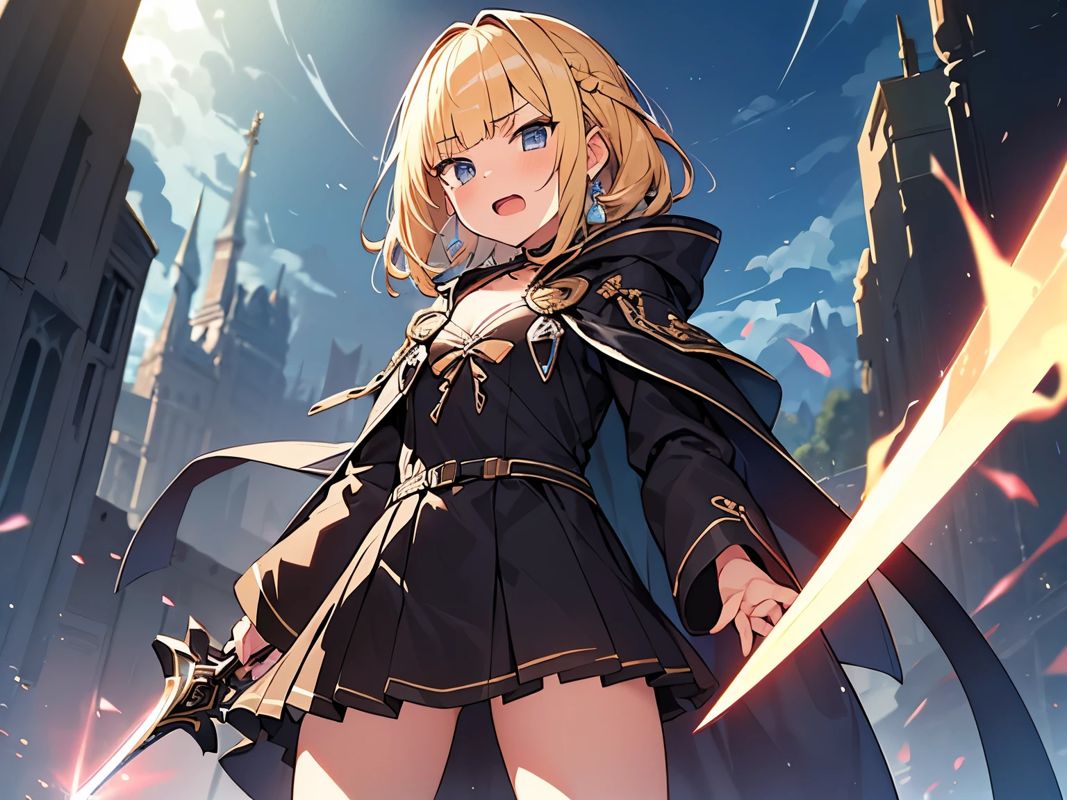 Masterpiece, Top quality, (1 beautiful girl), junior high school student, Blonde, short Hair, Braided hair, wavy Hair, blunt bangs, standard weight, (very flat chest):1.6, cleavage, (very large dark sorceress long robe with hood):1.3, pleated skirt, (angry):1.2, open mouth, (having a magic sword in hand), attacking, beautiful scene of fantasy world, cowboy shot, from below, Clothes swaying in the wind