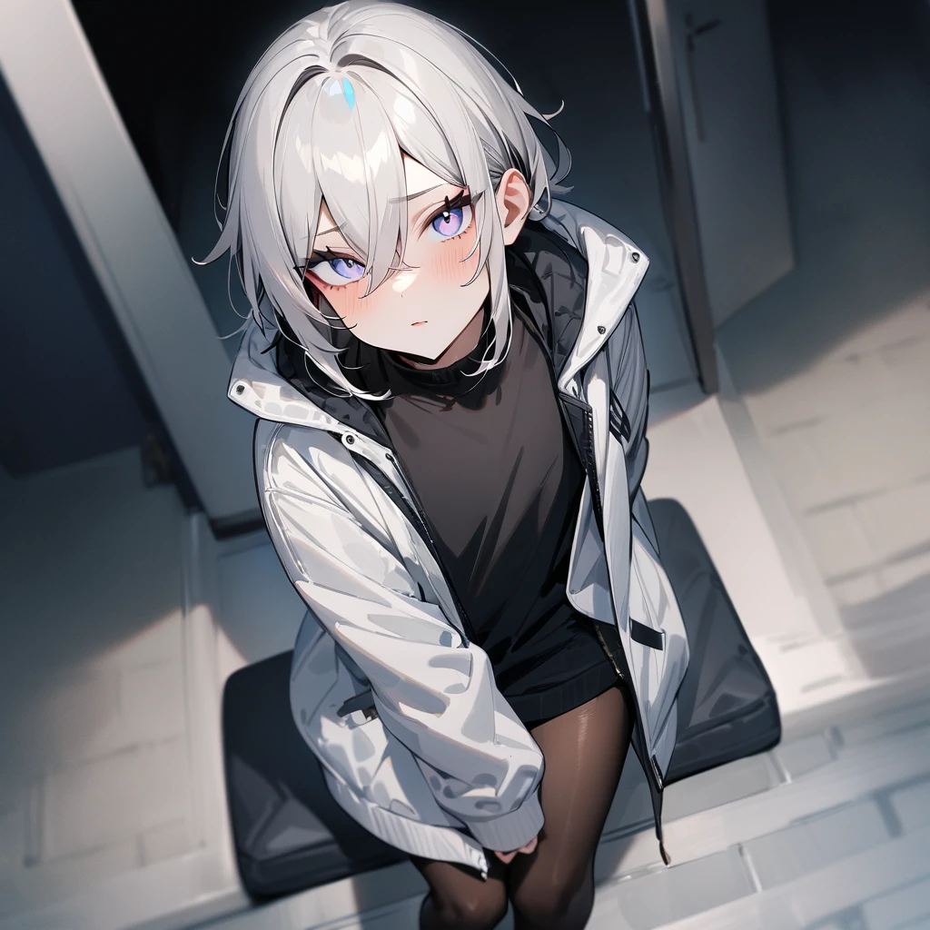 masterpiece,highres, mime_hat 1boy, black_sweater, baby_Blue_Background, black_shorts, pure_white_skin, overley_long_black_and_white_striped_long_sleeves, three_big_white_Shirt_buttons, purple_tear_streak_makeup, frown_mouth, black_and_white_striped_thigh_high_socks, black_gloves, red_circle_cheek_makeup, fluffy_hair, White_hair, black_sclera, white_pupils, femboy,