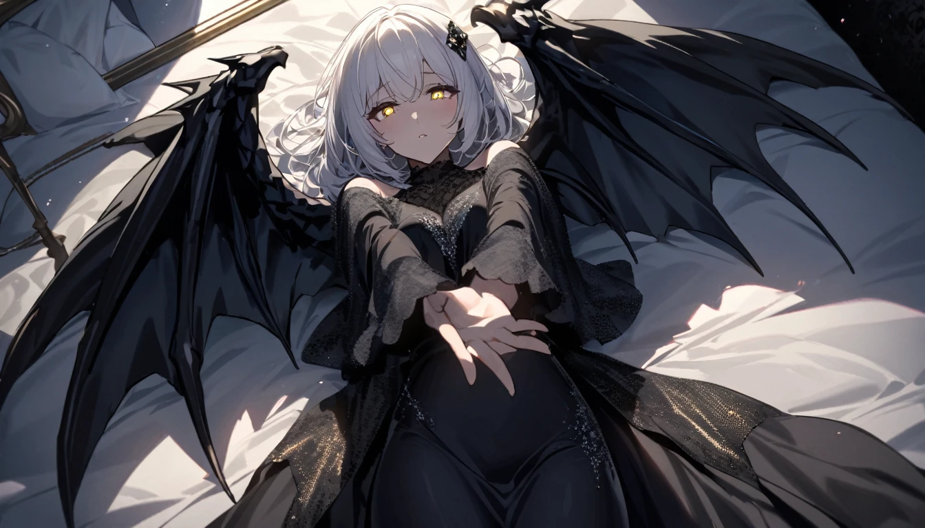 A woman, flowing white hair, melancholy eyes, yellow pupils, black diamond-shaped hairpin, tattered black dragon wings sprouting from her back, moonlight, arms up, incoming hug, pov, reaching, reaching towards viewer, looking at viewer, cowboy shot, lying down, Luxurious and luxurious bedrooms, A woman lying on a large, fluffy black silk bed.
