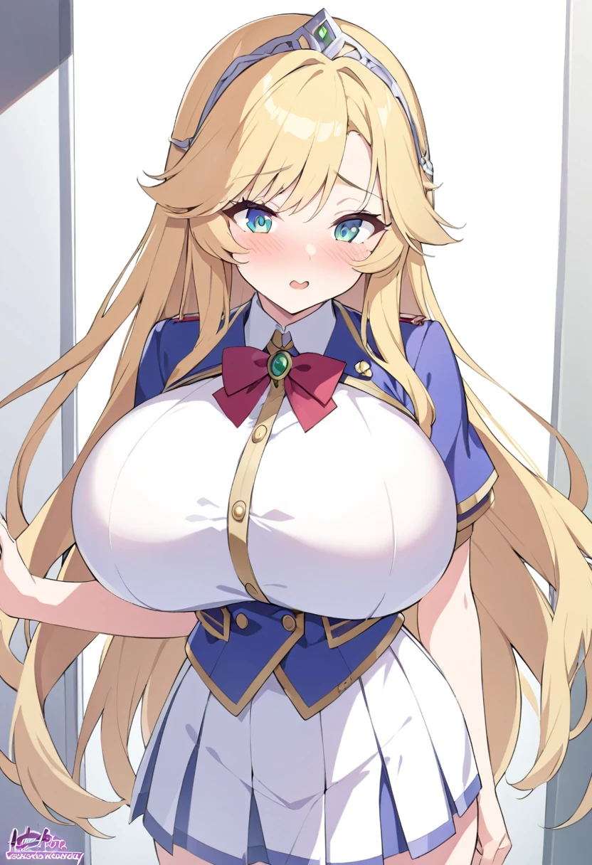 Esmeralda, 18 years old, long blonde hair, blue eyes, huge breasts, wearing a Royal Academy uniform, leaving the Sol Academy..hentai