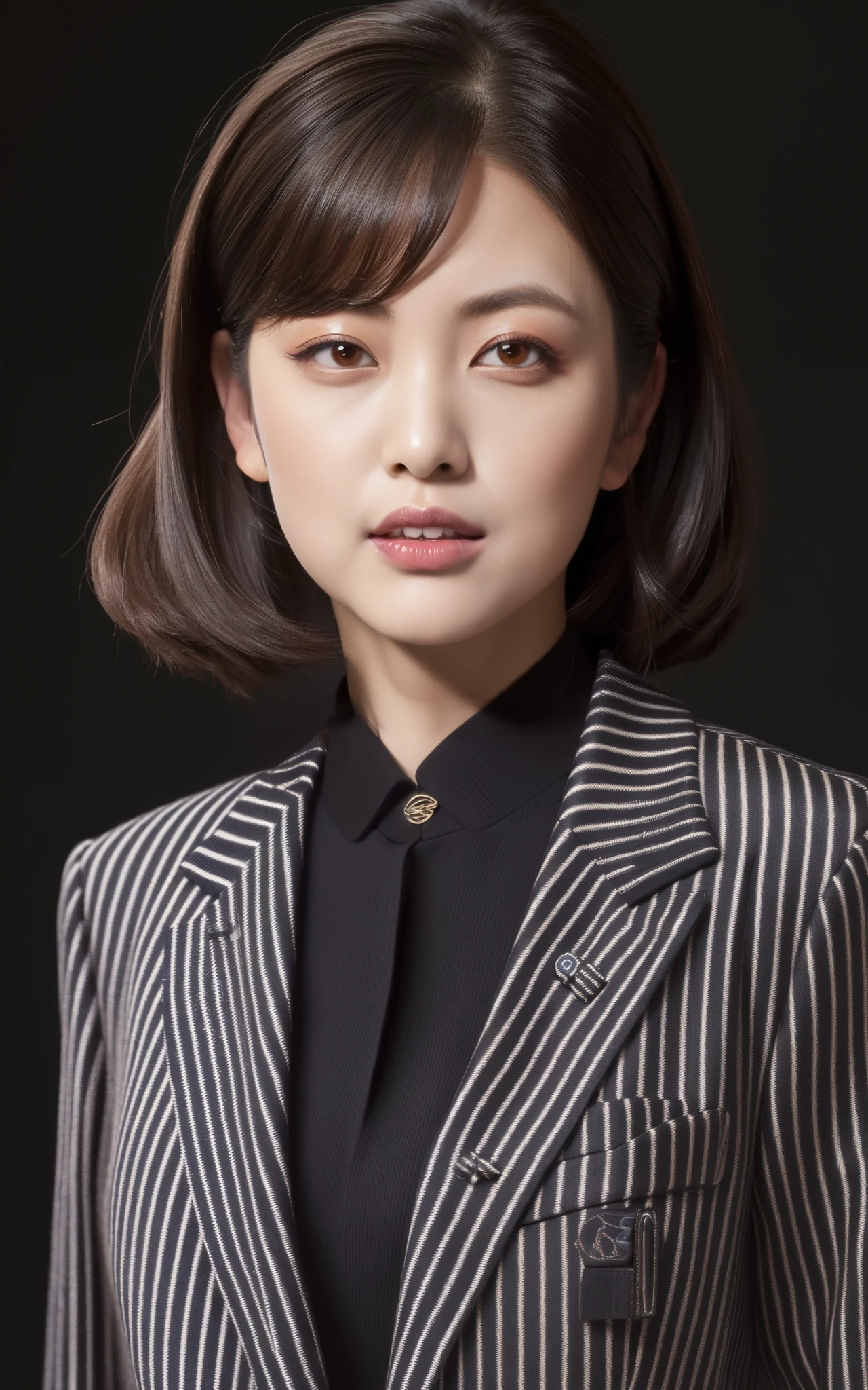 masterpiece,best quality, (1 japanese milf), ((soro, portrait:1.5)), makeup, hound tooth pattern blazer, elegant black shirt, contrapposto, ((seduction expression)),