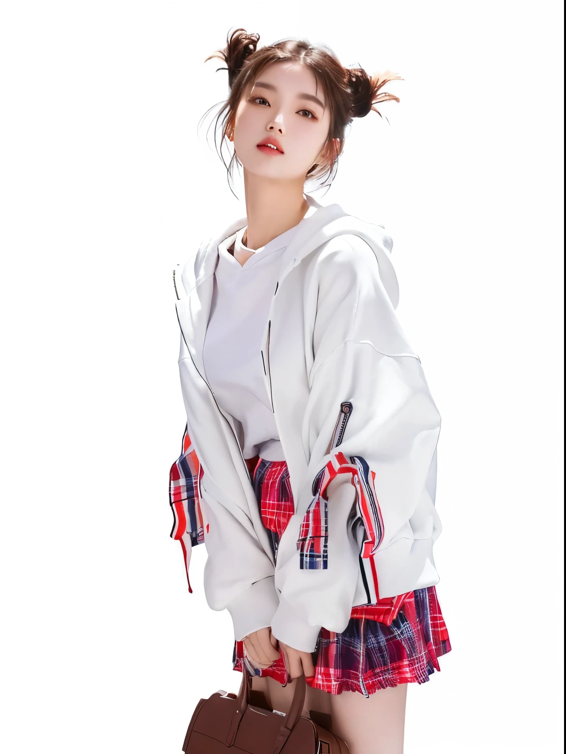 Image of woman wearing white sweatshirt and plaid skirt, White fashion clothes, White jacket, Qingfu, Stylish white clothing, Casual white clothing, girl wearing hoodie, White sleeves, Casual Clothing, Loose large collar sailor suit, White red, Korean female fashion models, ( side ) contour, Leiluwei5213