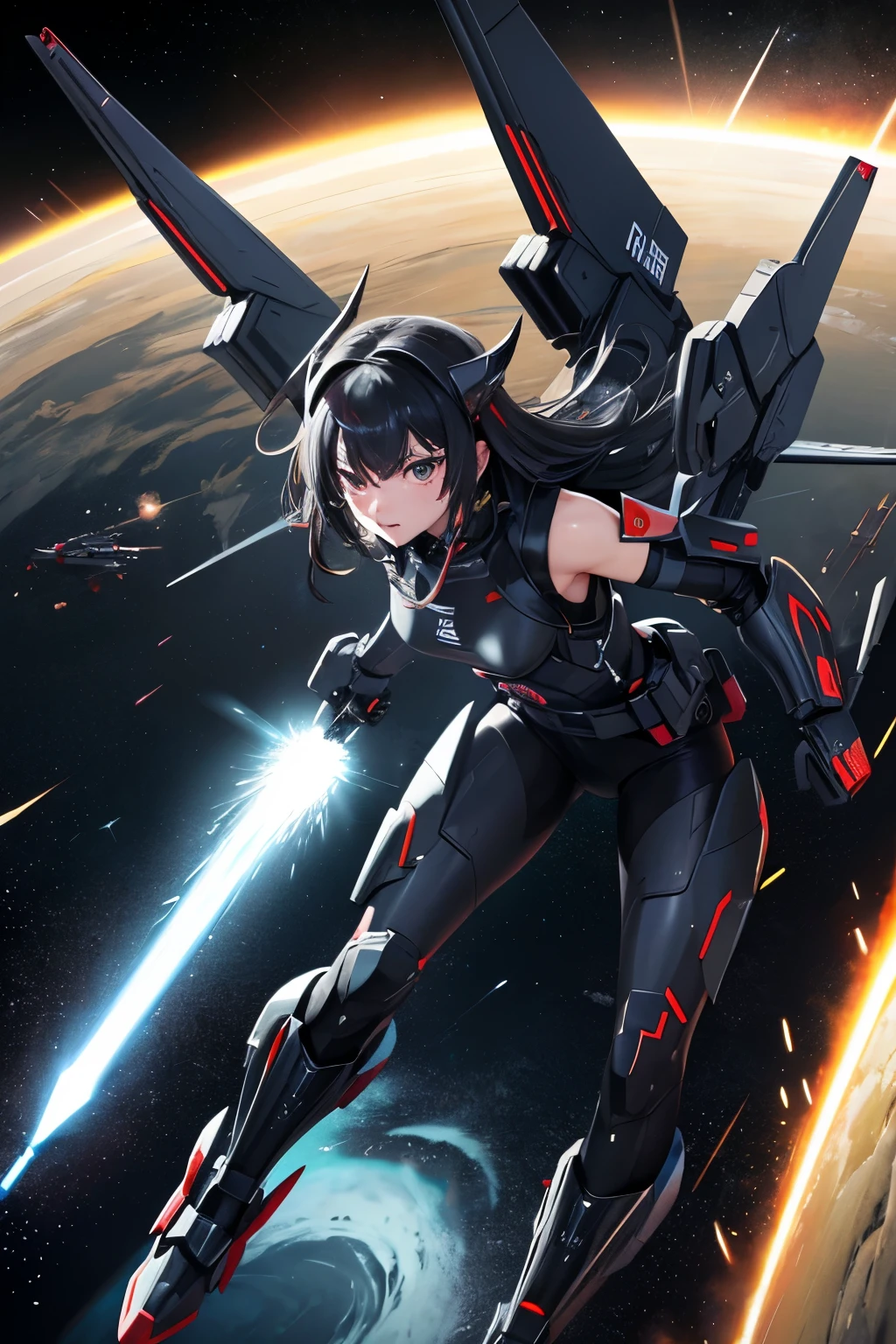 (((highest quality、first-clasasterpiece、Normal body、8k、Detailed face、Ultra-precision、Normal hand、Normal finger、5Finger、)))Black Hair、Jet Blackの機械天使、Large mechanical wings、Large booster、Large thruster、Visor Helmet、Thought-guided remote-controlled weapon、Funnel、Bit Weapon、Full Armor、Beam rifle、Beam Shooting、Running through space、Full boost、Beam Sword、Fighting space monsters、Variable Beam Launcher、multi missile、Mega Beam Cannon、In combat、Dogfight、High Maneuver、Space War、fleet battle、Destroy enemy ships、High mega particle cannon firing、ultimate weapon、Multi-warhead missiles、Full burst、All-at-once sweep、Breaking the Limits、critical point breakthrough、Charged particle cannon、Meteors、Jet Black、Do you remember love?