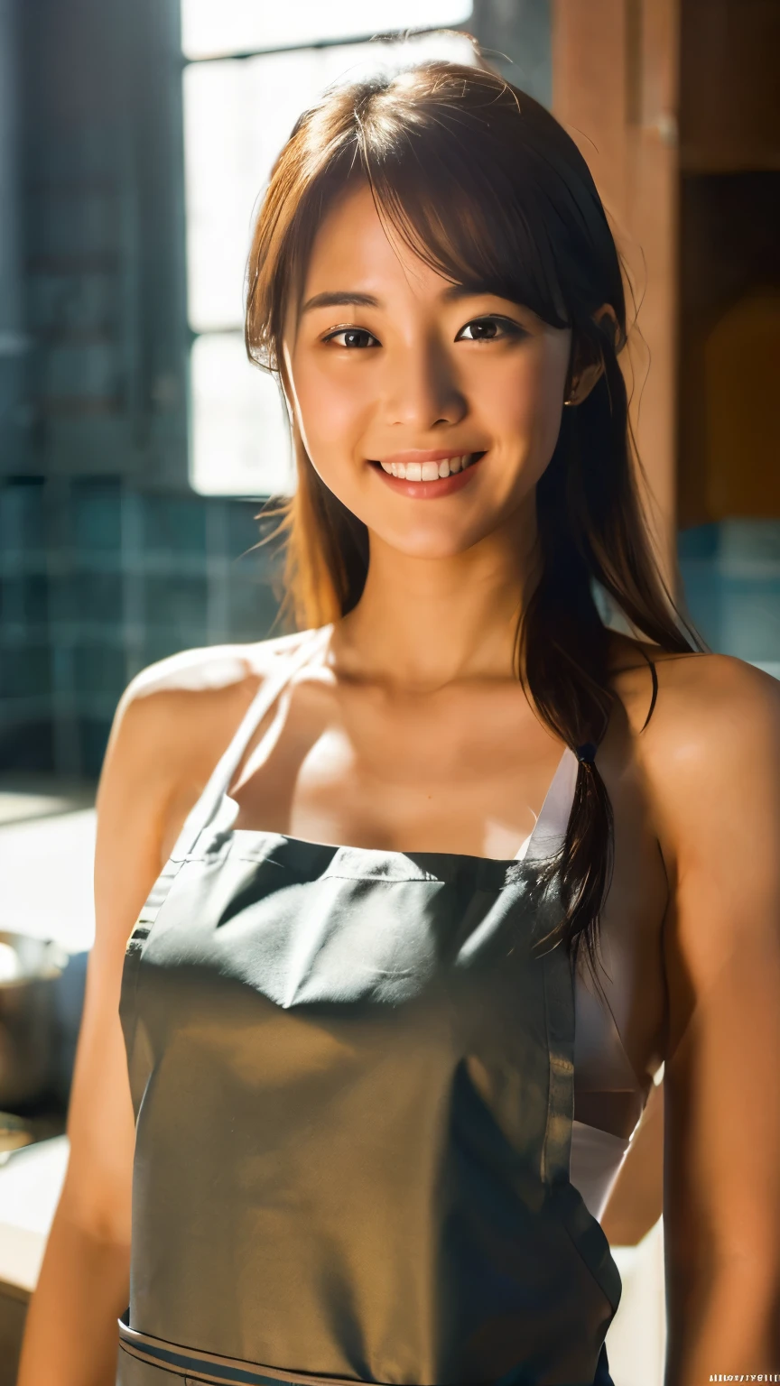 One girl,Long Hair,smile, ((apron)),(kitchen) 、RAW Photos, (photoRealistic:1.37, Realistic), Highly detailed CG integrated 8K wallpaper, View your viewers, (((Straight from the front))), (high qualityスキン:1.8, Shiny skin), 8K Ultra HD, Digital SLR, Soft lighting, high quality, Film Grain, Fujifilm XT3, ((Upper Body:1.6)), (Professional Lighting:1.6)、Large Breasts、No clothes、I'm not wearing anything、I want to see up to my knees:1.5