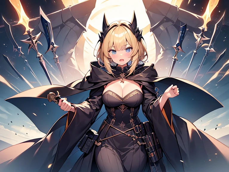 Masterpiece, Top quality, (1 beautiful girl), junior high school student, Blonde, short Hair, Braided hair, wavy Hair, blunt bangs, standard weight, (very flat chest):1.6, cleavage, (very large dark sorceress long robe with hood):1.3, pleated skirt, (angry):1.2, open mouth, (having a magic dagger in hand), attacking, beautiful scene of fantasy world, cowboy shot, from above, Clothes swaying in the wind