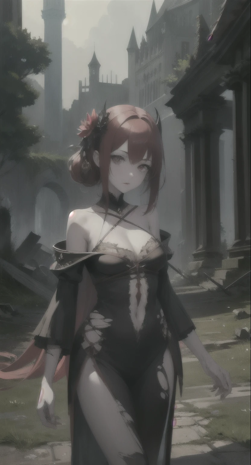 masterpiece, best quality, solo, mythical empress, flower hair, red eyes, red hair, torn clothes, undead, pale, scarred skin, female creature, castle ruins,