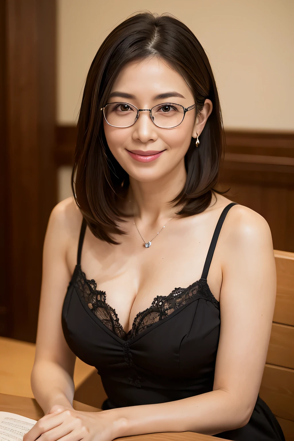 8k, highest quality, masterpiece, Realistic, Photorealistic, Ultra-detailed, Natural light, large breasts with good shape, I can see her cleavage, 1 person, 40-year-old woman, Black Hair, Beaver, Straight Hair, Silver-rimmed glasses, (Look at the viewers), lingerie, Highly detailed face and skin, Detailed eyes, Highly detailed face and skin,Date Book,Mature Woman,Book,A big smile,