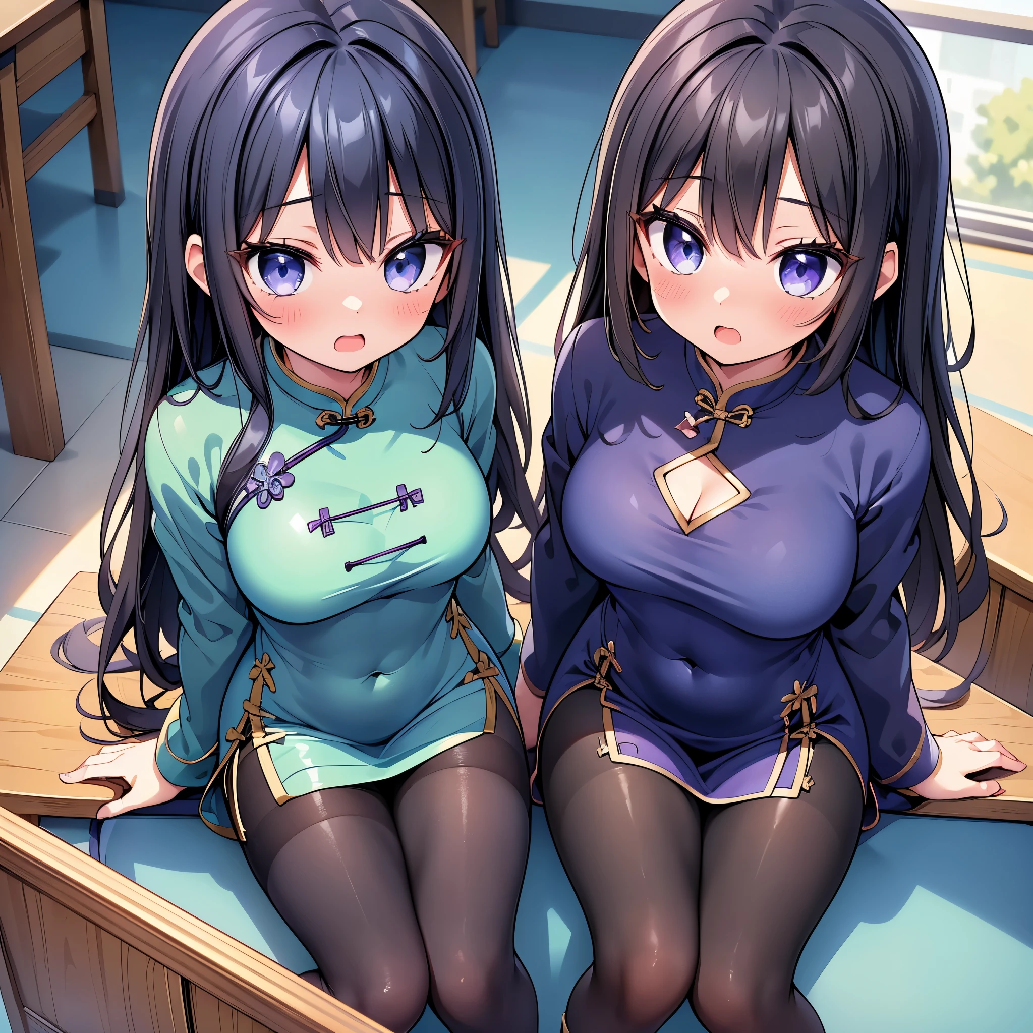 (cute eyes:1.2), (sparkling eyes:1.2), (8K、Best image quality、highest quality、masterpiece)、Detailed face、(2 girls)、Improve、(Black Hair, Purple Eyes, long hair)、(open mouth), (embarrassed), (skinny body:1.2),(midium breasts), (((A woman wearing a blue short cheongsam dress:1.3))), golden pattern cheongsam、(((woman wearing brown pantyhose))), (cleavage), (crop top navel), Sit on a chair, Classroom Background, (black stockings:1.1), (Thighs:1.1), (Waistline:1.1),(close-up shot of bust), (from above:1.2)