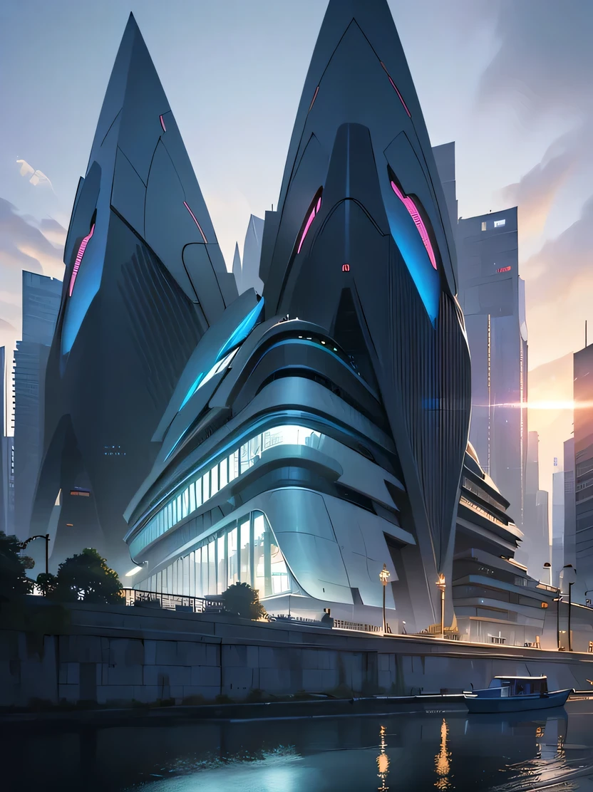 ((Masterpiece, top quality, highly detailed, high resolution, photorealistic, sharp focus, cinematic lighting)), high contrast, one building, a beautiful building in the center of the image, of a futuristic city designed by Zaha Hadid Skyscrapers, futuristic buildings, walkways around buildings, imaginary worlds, fusion of future and past, Hanging Gardens of Babylon, futuristic technology, architectural creativity, wide-angle photography, midday, crystal clear air, EdobSyFyCityLandscape