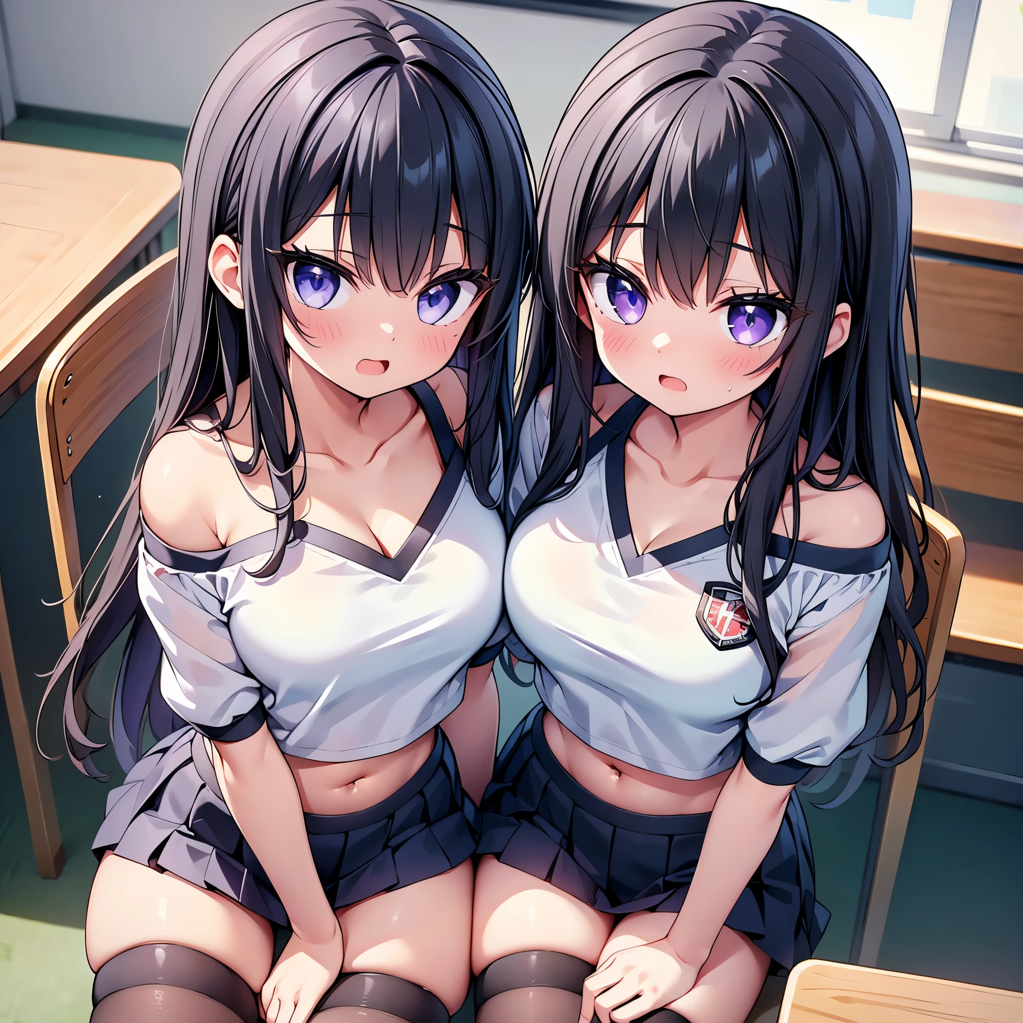 (cute eyes:1.2), (sparkling eyes:1.2), (8K、Best image quality、highest quality、masterpiece)、Detailed face、(2 girls)、Improve、(Black Hair, Purple Eyes, long hair)、(open mouth), (embarrassed), (skinny body:1.2),(small breasts), (off shoulder gym uniform:1.2), (cleavage), (crop top navel), Sit on a chair, Classroom Background, (black stockings:1.1), (Thighs:1.1), (Waistline:1.1),(close-up shot of bust), (from above:1.2)