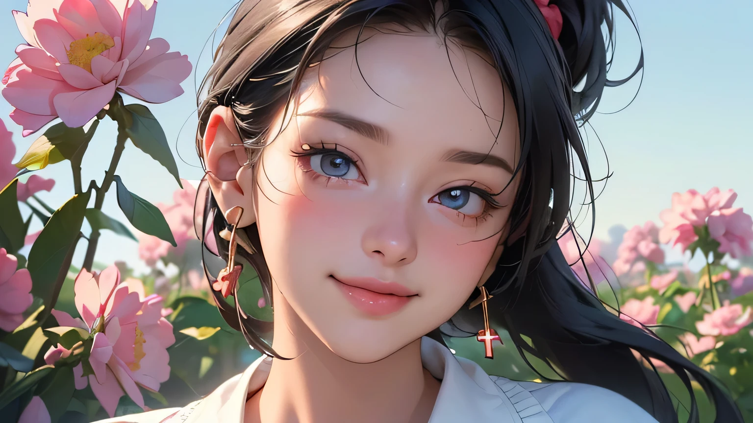 (8k, RAW photo, highest quality, masterpiece), high-resolution RAW color photo, upper body, big breasts, black hair, ponytail, face surrounded by flowers, white headphones, motionless, professional close-up, dynamic fist pose (Realistic, Photorealism: 1.37), (Best Quality), (Best Shadow), (Best Illustration), Clavicle ((Large)), ((Erotic, Sexy, Ultra HD, High Quality CG Integrated 8K Wallpaper, (Physically Based Rendering, Movie Lighting), Best Image Quality, Amazing Details, Ultra High Resolution, (Realism: 1.4), Best Illustrations, (Maximum Resolution: 1.2), (Ultra High Resolution: 1.2), Cinema Light, 8K Resolution , Beautiful eyes and skin, Detailed face, Perfect style, Cute face, Accurate, Anatomically correct , Highly detailed face and skin texture, ((Best quality, 8K, Masterpiece: 1.3)), Sharpness: 1.2, perfect body beauty: 1.4, big breasts, slim abs: 1.2, blush, clouds in the sky smiling at the viewer , chest, flushed cheeks, flowing hair. She is wearing a crop top and shorts. Must be similar to the charming anime style. As for the image quality (best quality, 4K, 8K, high resolution, masterpiece: 1.2Nal photo, smile like the sun, crumpled face. Innocent and cute, smiling with white headphones in the countryside, fields, meadows, crop fields, different types of flowers and plants, ((farmer)), masterpiece, top quality, sharp focus, intricate details, perfection , golden ratio composition, 8K resolution, high resolution, beautiful, beautiful sky, vivid pastel colors, bright colors, beautiful red flowers next to the face, reflection of the pull