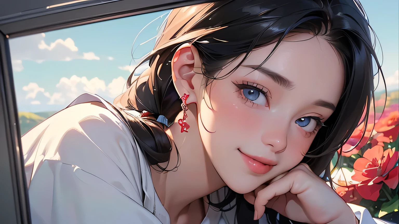 (8k, RAW photo, highest quality, masterpiece), high-resolution RAW color photo, upper body, big breasts, black hair, ponytail, face surrounded by flowers, white headphones, motionless, professional close-up, dynamic fist pose (Realistic, Photorealism: 1.37), (Best Quality), (Best Shadow), (Best Illustration), Clavicle ((Large)), ((Erotic, Sexy, Ultra HD, High Quality CG Integrated 8K Wallpaper, (Physically Based Rendering, Movie Lighting), Best Image Quality, Amazing Details, Ultra High Resolution, (Realism: 1.4), Best Illustrations, (Maximum Resolution: 1.2), (Ultra High Resolution: 1.2), Cinema Light, 8K Resolution , Beautiful eyes and skin, Detailed face, Perfect style, Cute face, Accurate, Anatomically correct , Highly detailed face and skin texture, ((Best quality, 8K, Masterpiece: 1.3)), Sharpness: 1.2, perfect body beauty: 1.4, big breasts, slim abs: 1.2, blush, clouds in the sky smiling at the viewer , chest, flushed cheeks, flowing hair. She is wearing a crop top and shorts. Must be similar to the charming anime style. As for the image quality (best quality, 4K, 8K, high resolution, masterpiece: 1.2Nal photo, smile like the sun, crumpled face. Innocent and cute, smiling with white headphones in the countryside, fields, meadows, crop fields, different types of flowers and plants, ((farmer)), masterpiece, top quality, sharp focus, intricate details, perfection , golden ratio composition, 8K resolution, high resolution, beautiful, beautiful sky, vivid pastel colors, bright colors, beautiful red flowers next to the face, reflection of the pull