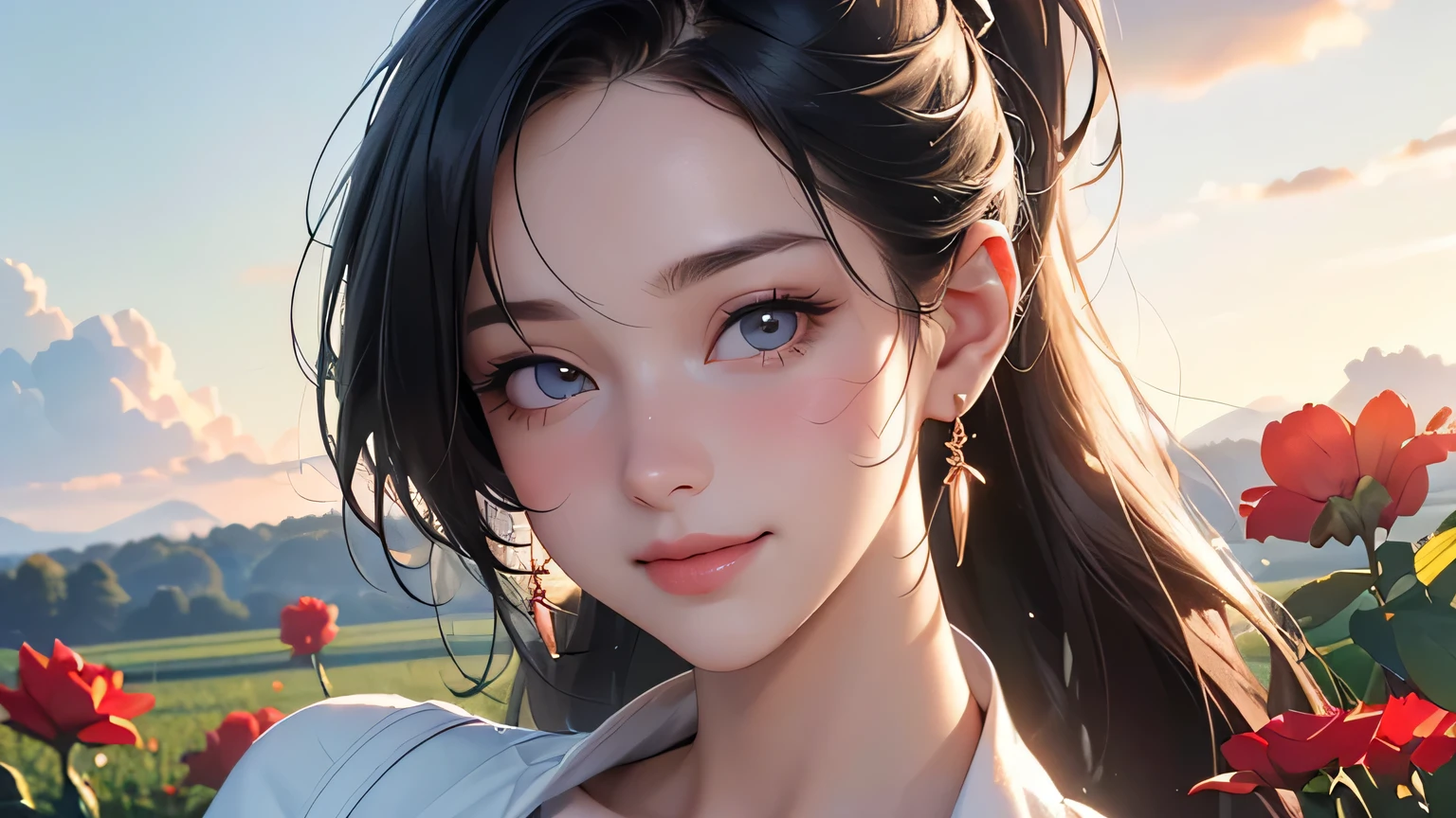 (8k, RAW photo, highest quality, masterpiece), high-resolution RAW color photo, full body, beautiful hip line, big breasts, black hair, ponytail, face surrounded by flowers, white headphones, motionless, professional Close-up, Dynamic fist pump (Real, Photorealism: 1.37), (Best quality), (Best shadow), (Best illustration), Clavicle ((Large)), ((Erotic, Sexy, Ultra HD, High quality CG-integrated 8K wallpapers, physically-based rendering, movie lighting), Best picture quality, Amazing details, Ultra-high resolution, (Realism: 1.4), Best illustrations, (Maximum resolution: 1.2), (Ultra-high resolution: 1.2), Cinema light, 8K resolution, beautiful eyes and skin, detailed face, perfect style, cute face, accurate, anatomically correct, highly detailed face and skin texture, ((Top quality, 8k, Masterpiece: 1.3 )), Sharpness: 1.2, Perfect Body Beauty: 1.4, Big Breasts, Slim Abs: 1.2, Blushing, Clouds in the Sky Smiling at the Viewer , Chest, Blushing Cheeks, Flowing Hair. She is wearing a crop top and short. Must be wearing pants. It must resemble an attractive anime style. As for the picture quality, (best quality, 4K, 8K, high resolution, masterpiece: 1.2Nal photo, smile, sun. A smiling, crumpled and smiling innocent and cute person wearing white headphones in the countryside, fields, meadows, crop fields, different types of flowers and plants, ((farmer)), masterpiece, highest quality, sharp focus, Intricate details, perfection, golden ratio composition, 8K resolution, high resolution, beautiful, beautiful sky, vivid pastel colors, bright colors, beautiful red flowers next to the face, reflection of the pull