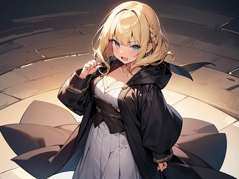 Masterpiece, Top quality, (1 beautiful girl), junior high school student, Blonde, short Hair, Braided hair, wavy Hair, blunt bangs, standard weight, (very flat chest):1.6, cleavage, (very large dark sorceress long robe with hood):1.3, pleated skirt, (angry):1.3, open mouth, (having a short sword in hand):1.2, attacking, beautiful scene of fantasy world, cowboy shot, from above, Clothes swaying in the wind