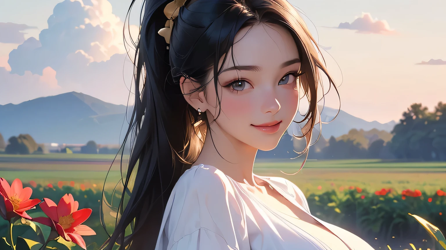 (8k, RAW photo, highest quality, masterpiece), high-resolution RAW color photo, full body, beautiful hip line, big breasts, black hair, ponytail, face surrounded by flowers, white headphones, motionless, professional Close-up, Dynamic fist pump (Real, Photorealism: 1.37), (Best quality), (Best shadow), (Best illustration), Clavicle ((Large)), ((Erotic, Sexy, Ultra HD, High quality CG-integrated 8K wallpapers, physically-based rendering, movie lighting), Best picture quality, Amazing details, Ultra-high resolution, (Realism: 1.4), Best illustrations, (Maximum resolution: 1.2), (Ultra-high resolution: 1.2), Cinema light, 8K resolution, beautiful eyes and skin, detailed face, perfect style, cute face, accurate, anatomically correct, highly detailed face and skin texture, ((Top quality, 8k, Masterpiece: 1.3 )), Sharpness: 1.2, Perfect Body Beauty: 1.4, Big Breasts, Slim Abs: 1.2, Blushing, Clouds in the Sky Smiling at the Viewer , Chest, Blushing Cheeks, Flowing Hair. She is wearing a crop top and short. Must be wearing pants. It must resemble an attractive anime style. As for the picture quality, (best quality, 4K, 8K, high resolution, masterpiece: 1.2Nal photo, smile, sun. A smiling, crumpled and smiling innocent and cute person wearing white headphones in the countryside, fields, meadows, crop fields, different types of flowers and plants, ((farmer)), masterpiece, highest quality, sharp focus, Intricate details, perfection, golden ratio composition, 8K resolution, high resolution, beautiful, beautiful sky, vivid pastel colors, bright colors, beautiful red flowers next to the face, reflection of the pull