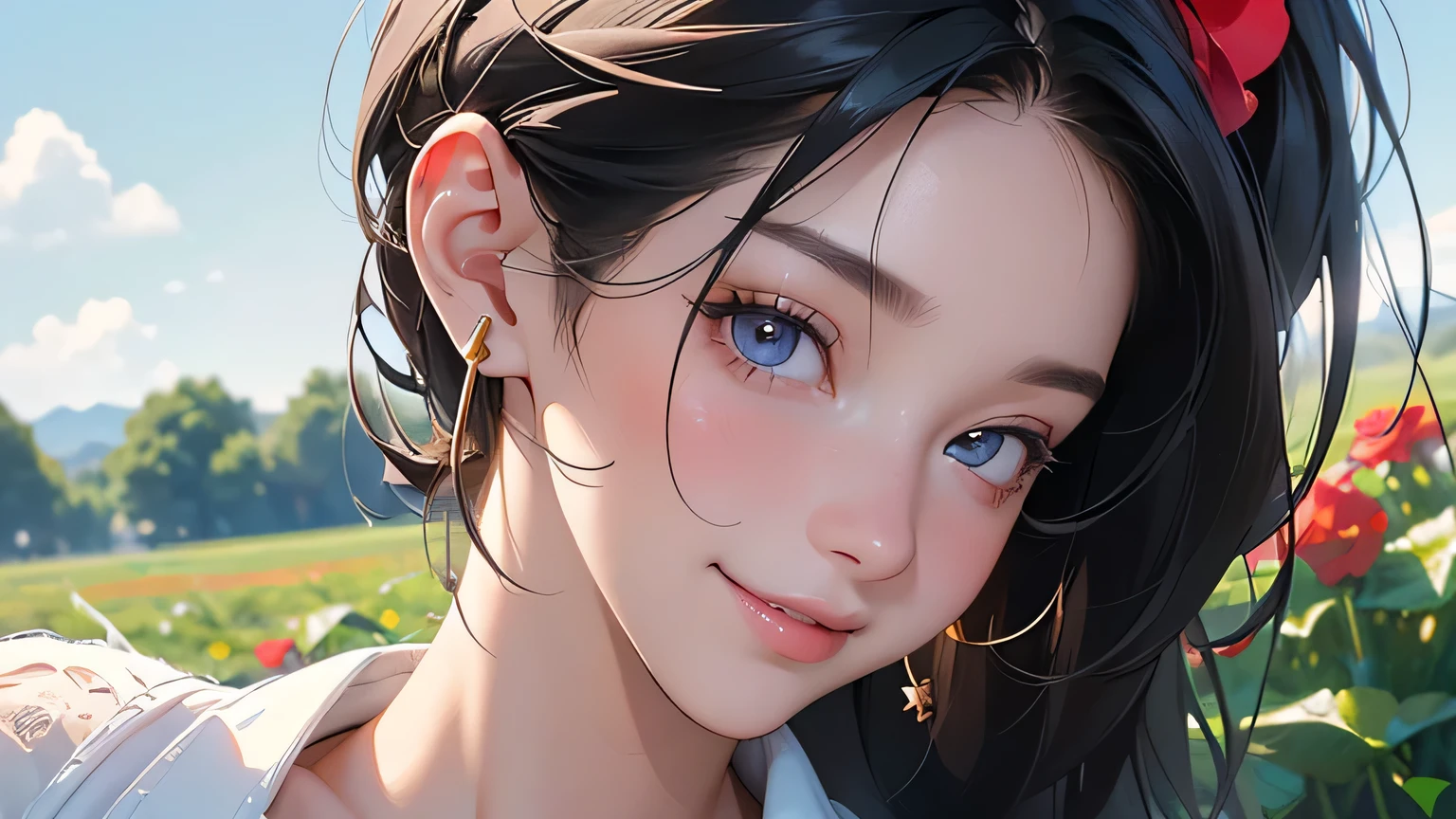 (8k, RAW photo, highest quality, masterpiece), high-resolution RAW color photo, full body, beautiful hip line, big breasts, black hair, ponytail, face surrounded by flowers, white headphones, motionless, professional Close-up, Dynamic fist pump (Real, Photorealism: 1.37), (Best quality), (Best shadow), (Best illustration), Clavicle ((Large)), ((Erotic, Sexy, Ultra HD, High quality CG-integrated 8K wallpapers, physically-based rendering, movie lighting), Best picture quality, Amazing details, Ultra-high resolution, (Realism: 1.4), Best illustrations, (Maximum resolution: 1.2), (Ultra-high resolution: 1.2), Cinema light, 8K resolution, beautiful eyes and skin, detailed face, perfect style, cute face, accurate, anatomically correct, highly detailed face and skin texture, ((Top quality, 8k, Masterpiece: 1.3 )), Sharpness: 1.2, Perfect Body Beauty: 1.4, Big Breasts, Slim Abs: 1.2, Blushing, Clouds in the Sky Smiling at the Viewer , Chest, Blushing Cheeks, Flowing Hair. She is wearing a crop top and short. Must be wearing pants. It must resemble an attractive anime style. As for the picture quality, (best quality, 4K, 8K, high resolution, masterpiece: 1.2Nal photo, smile, sun. A smiling, crumpled and smiling innocent and cute person wearing white headphones in the countryside, fields, meadows, crop fields, different types of flowers and plants, ((farmer)), masterpiece, highest quality, sharp focus, Intricate details, perfection, golden ratio composition, 8K resolution, high resolution, beautiful, beautiful sky, vivid pastel colors, bright colors, beautiful red flowers next to the face, reflection of the pull