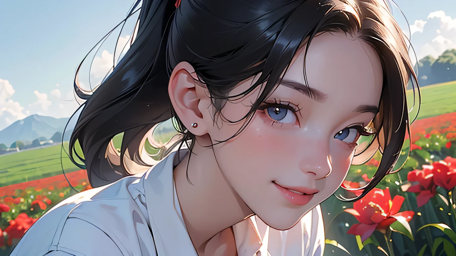 (8k, RAW photo, highest quality, masterpiece), high-resolution RAW color photo, full body, beautiful hip line, big breasts, black hair, ponytail, face surrounded by flowers, white headphones, motionless, professional Close-up, Dynamic fist pump (Real, Photorealism: 1.37), (Best quality), (Best shadow), (Best illustration), Clavicle ((Large)), ((Erotic, Sexy, Ultra HD, High quality CG-integrated 8K wallpapers, physically-based rendering, movie lighting), Best picture quality, Amazing details, Ultra-high resolution, (Realism: 1.4), Best illustrations, (Maximum resolution: 1.2), (Ultra-high resolution: 1.2), Cinema light, 8K resolution, beautiful eyes and skin, detailed face, perfect style, cute face, accurate, anatomically correct, highly detailed face and skin texture, ((Top quality, 8k, Masterpiece: 1.3 )), Sharpness: 1.2, Perfect Body Beauty: 1.4, Big Breasts, Slim Abs: 1.2, Blushing, Clouds in the Sky Smiling at the Viewer , Chest, Blushing Cheeks, Flowing Hair. She is wearing a crop top and short. Must be wearing pants. It must resemble an attractive anime style. As for the picture quality, (best quality, 4K, 8K, high resolution, masterpiece: 1.2Nal photo, smile, sun. A smiling, crumpled and smiling innocent and cute person wearing white headphones in the countryside, fields, meadows, crop fields, different types of flowers and plants, ((farmer)), masterpiece, highest quality, sharp focus, Intricate details, perfection, golden ratio composition, 8K resolution, high resolution, beautiful, beautiful sky, vivid pastel colors, bright colors, beautiful red flowers next to the face, reflection of the pull