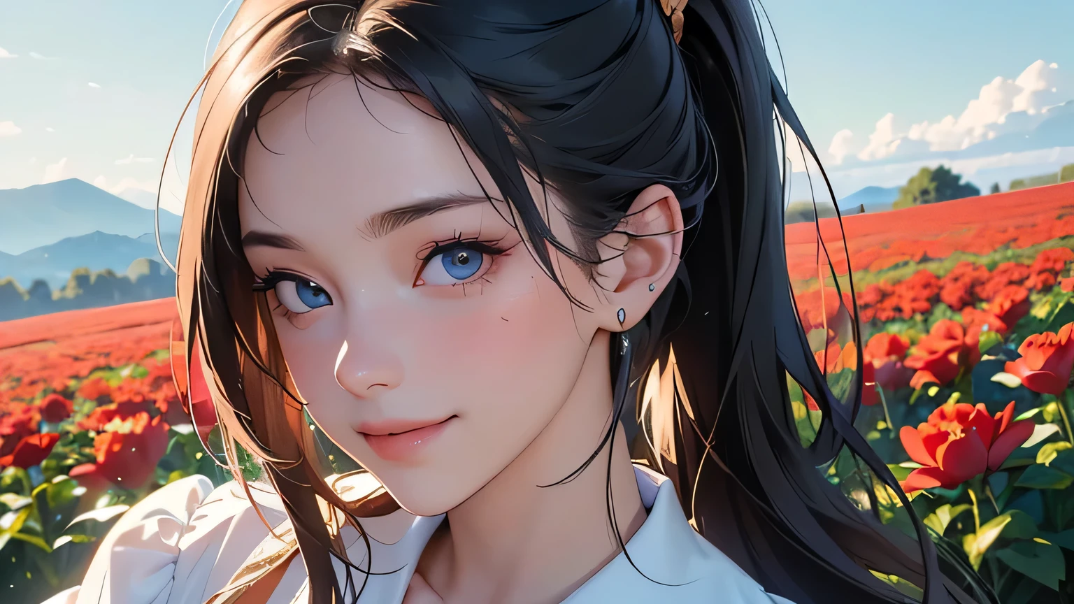 (8k, RAW photo, highest quality, masterpiece), high-resolution RAW color photo, full body, beautiful hip line, big breasts, black hair, ponytail, face surrounded by flowers, white headphones, motionless, professional Close-up, Dynamic fist pump (Real, Photorealism: 1.37), (Best quality), (Best shadow), (Best illustration), Clavicle ((Large)), ((Erotic, Sexy, Ultra HD, High quality CG-integrated 8K wallpapers, physically-based rendering, movie lighting), Best picture quality, Amazing details, Ultra-high resolution, (Realism: 1.4), Best illustrations, (Maximum resolution: 1.2), (Ultra-high resolution: 1.2), Cinema light, 8K resolution, beautiful eyes and skin, detailed face, perfect style, cute face, accurate, anatomically correct, highly detailed face and skin texture, ((Top quality, 8k, Masterpiece: 1.3 )), Sharpness: 1.2, Perfect Body Beauty: 1.4, Big Breasts, Slim Abs: 1.2, Blushing, Clouds in the Sky Smiling at the Viewer , Chest, Blushing Cheeks, Flowing Hair. She is wearing a crop top and short. Must be wearing pants. It must resemble an attractive anime style. As for the picture quality, (best quality, 4K, 8K, high resolution, masterpiece: 1.2Nal photo, smile, sun. A smiling, crumpled and smiling innocent and cute person wearing white headphones in the countryside, fields, meadows, crop fields, different types of flowers and plants, ((farmer)), masterpiece, highest quality, sharp focus, Intricate details, perfection, golden ratio composition, 8K resolution, high resolution, beautiful, beautiful sky, vivid pastel colors, bright colors, beautiful red flowers next to the face, reflection of the pull