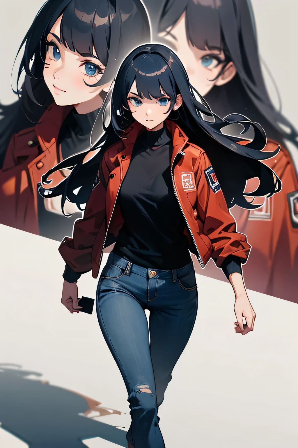masterpiece, top quality, super detailed, high resolution, (ink painting style), excellent anatomy, 1 beautiful woman, in oversized comfy jacket and jeans, walking, SHEIN company fashion, front on camera, New York, 8k, zoomed camera on her face, styled dark long hair with bangs, blue eyes, generic shape, happy soft feature, best light, best shadow, mysterious, perfect face, highly detailed,