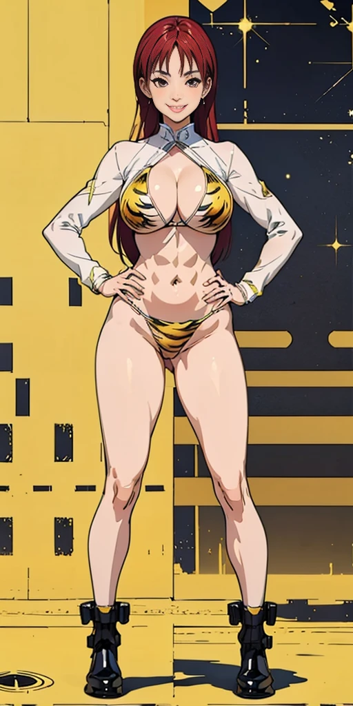 Full body Rei Kishimoto from "Gantz" (((Plain background 1:2))) (masterpiece, high quality: 1.1) 1girl solo full body height standing straight symmetrical looking to the viewer, view from below, far shot, cow boy shot, perfect lighting, muscular, thighs, mature woman, mummy, bellybutton, abs, looks at the viewer smile RED CHEEKS, extremely huge breasts, maternal, porcelain skin, extra very long hair, sparkly skin, good face, chest cover, HANDS ON HIPS (yellow tiger bikini print long sleeves and long stockings)