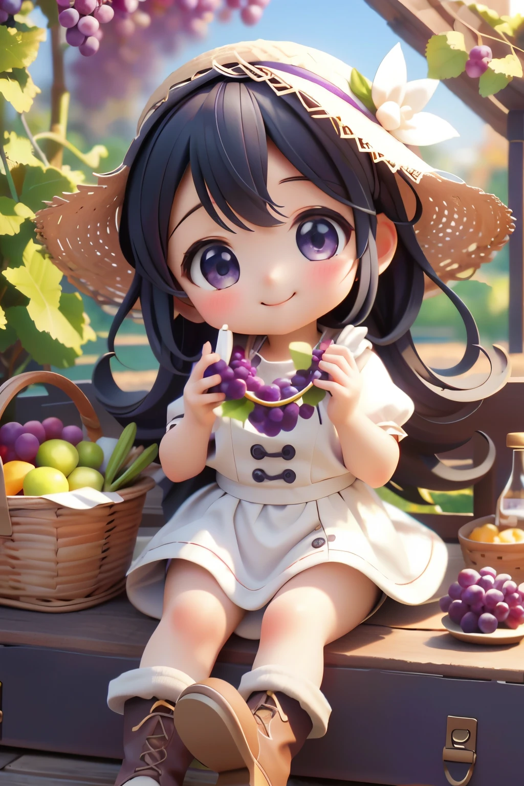 Octane Render、(Hyper Detail:1.15)、(Soft Light、sharp:1.2)、Baby Face、Morning、Harvesting grapes、Enjoy grape picking、Esbian all over、Straw hat、Farm Boots、 Fujifilm、F/4.0、Mastepiece、Anatomically correct、smile、Shining Light