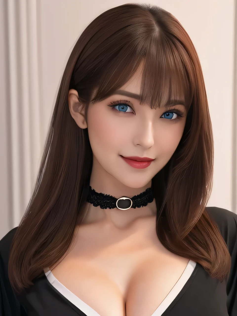 masterpiece, Front view, Bust up shot、Upper Body、Cute Japanese aristocratic woman, (輝くBrown Hair, Straight Long Hair), ((Ivory tight shirt)), Very cute face, Glossy Lips, Double eyelids on both eyes, Natural Makeup, Brown Hair, Asymmetrical bangs, High resolution, Attention to detail, Detailed hairstyle, Detailed face, Octane Rendering, Ultra-realistic, Perfect limbs, ((Black choker)), blue eyes, (Big Breasts), ((Slim body:1.5)), Cool Beauty, ((Slim face)), smile, Mature Woman, Browsing Caution:-1.2, Long, Bushy Eyelashes, Cleavage, ((Dracula's Castle)), vamp fangs:1.2, fangs, By mouth2The book's fangs are showing, Grin, ((White teeth)), White Fang、Open your mouth